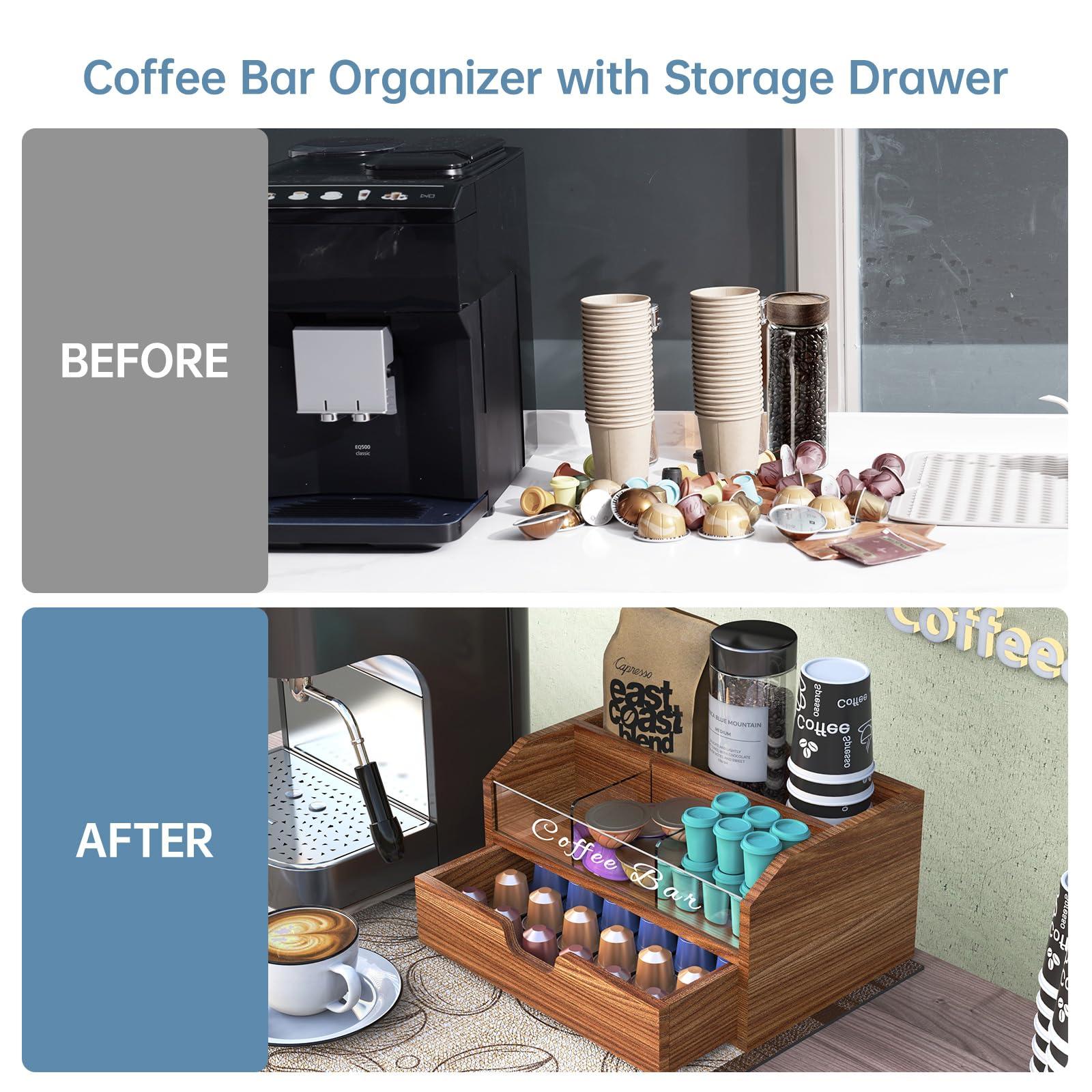 NiHome Solid Wood & Acrylic Coffee Station Organizer with Storage Drawer, Multi-Purpose Adjustable Compartments Coffee Pod Holder for Home, Office, Hotel, Kitchen Counter Storage for Tea, Sugar, Cups - Image 4