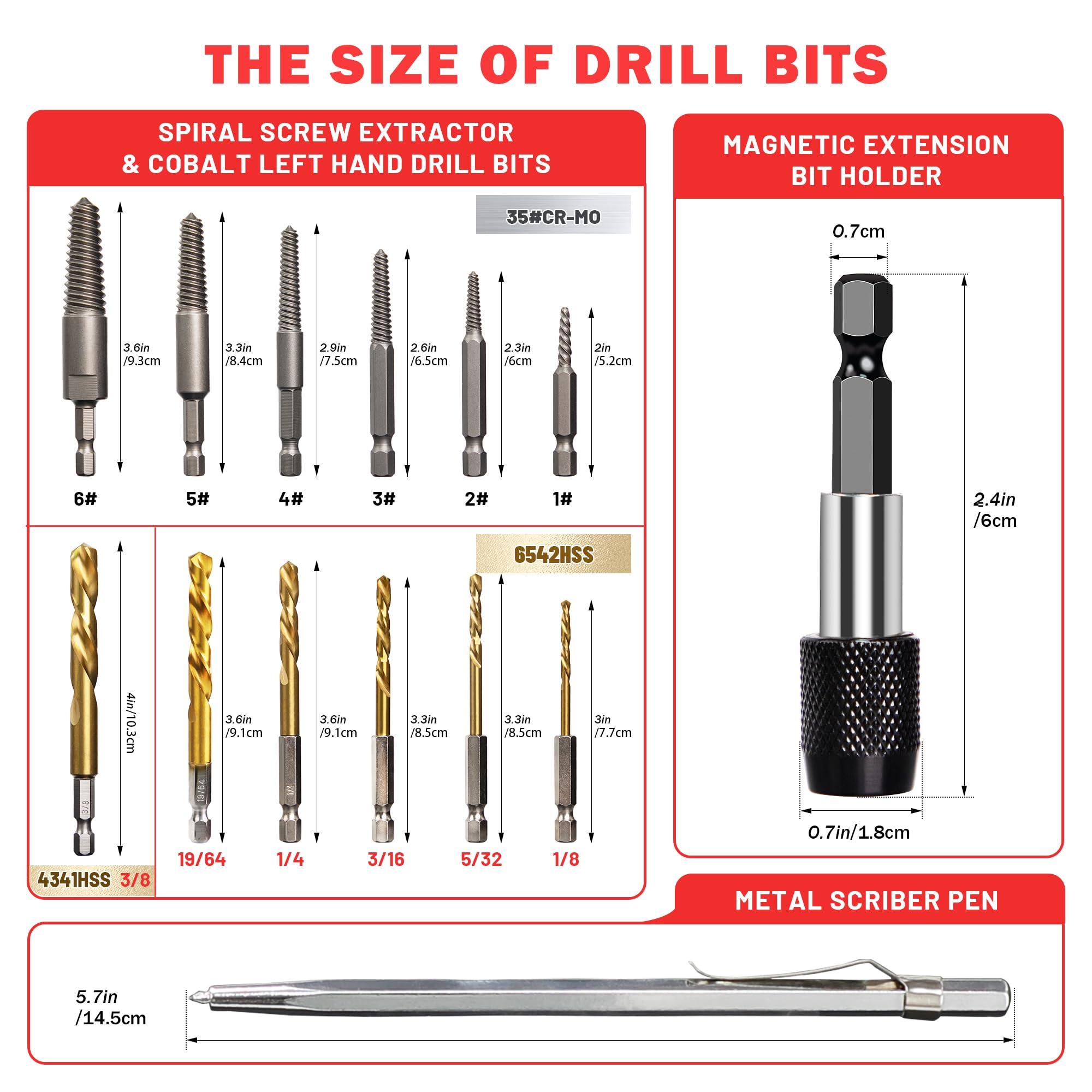 UYECOVE 14PCS Spiral Screw Extractor Set with Tungsten Carbide Tip Scriber Pen - 6542/4341 HSS Steel Cobalt Left Hand Drill Bits Set - 1/4'' Adapter - Removing Stripped Screws Bolts - Image 3