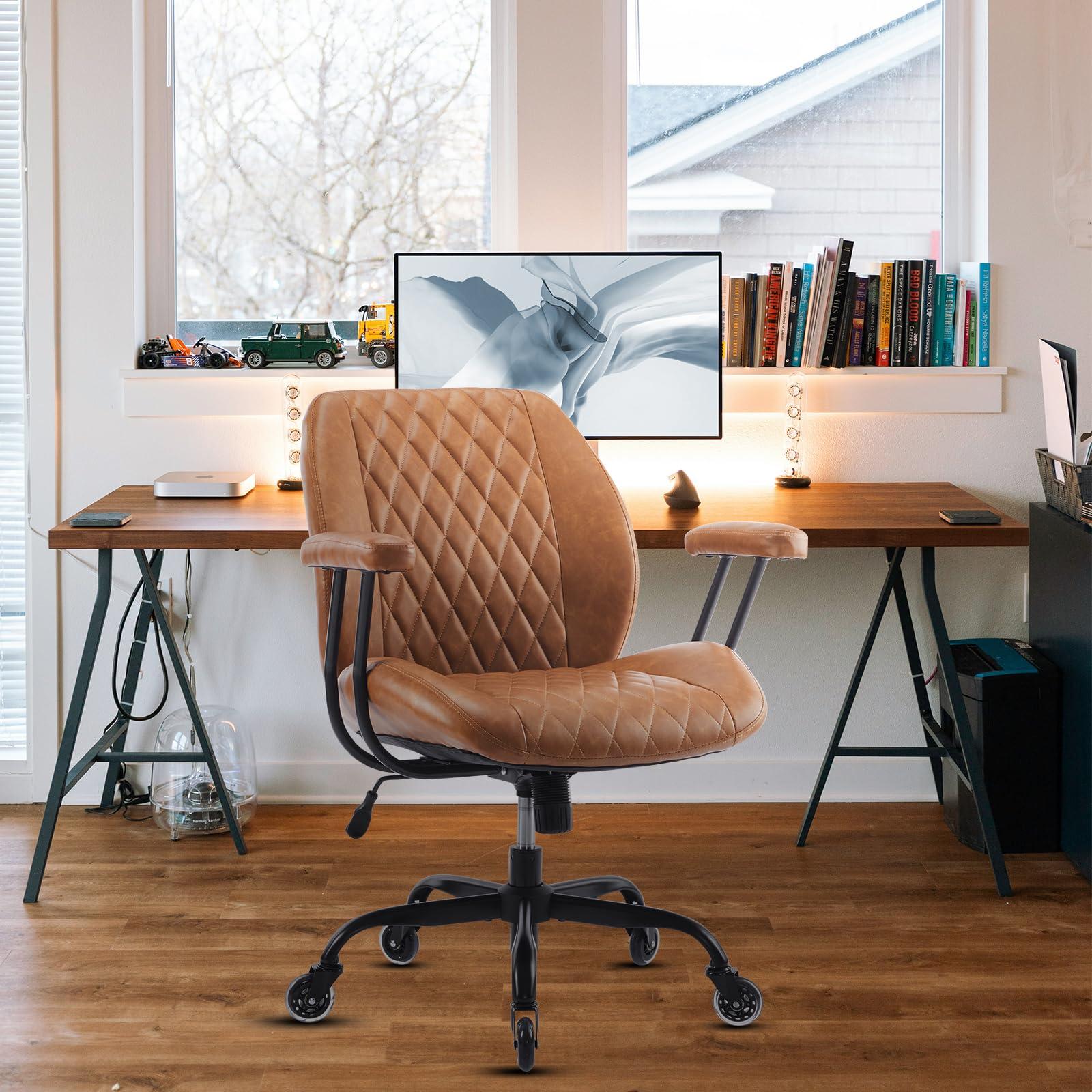 YFO Home Office Desk Chair Office Rubber Casters Ergonomic Computer Chair with Lumbar Support Adjustable Height Rolling Swivel Executive Task Armrests Chair， Brown Leather - Image 6