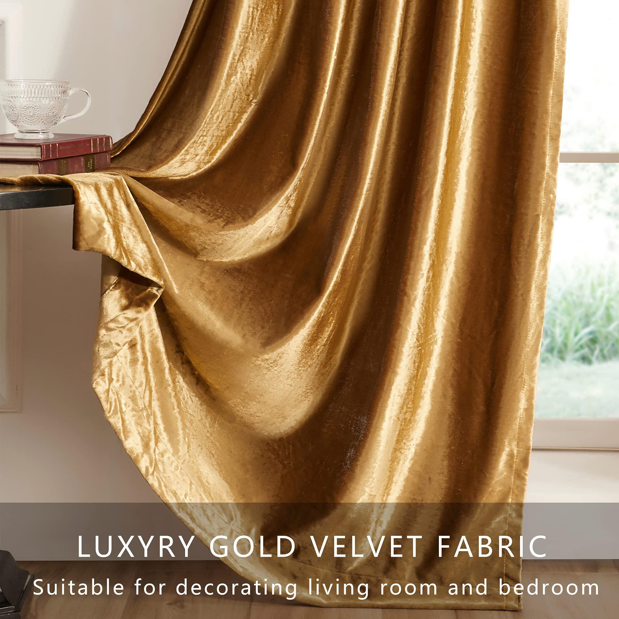 PRIMROSE Gold Curtains 84 inch for Living Room Velvet Blackout Rod Pocket Window Drapes Treatment Semi Room Darkening Decor Golden Curtains for Bedroom Set of 2 Panels - Image 3
