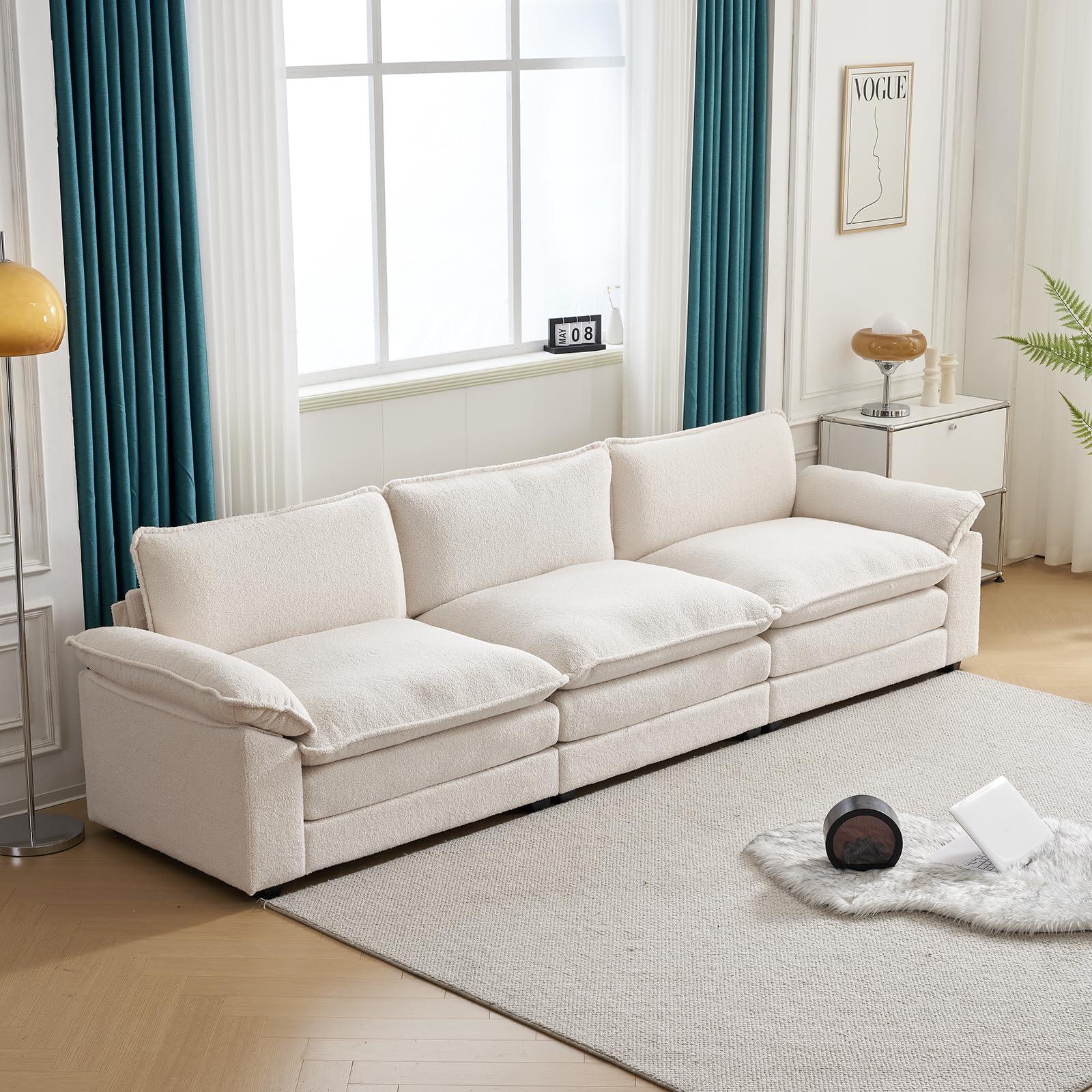 Karl home Sectional Sofa Modular Deep Seat Sofa Couch with Ottoman, Teddy Fleece Sofa Sleeper Comfy Upholstered Furniture for Living Room, Apartment, Studio, Office, (3-Seat & 1-Ottoman, Teddy Beige) - Image 7