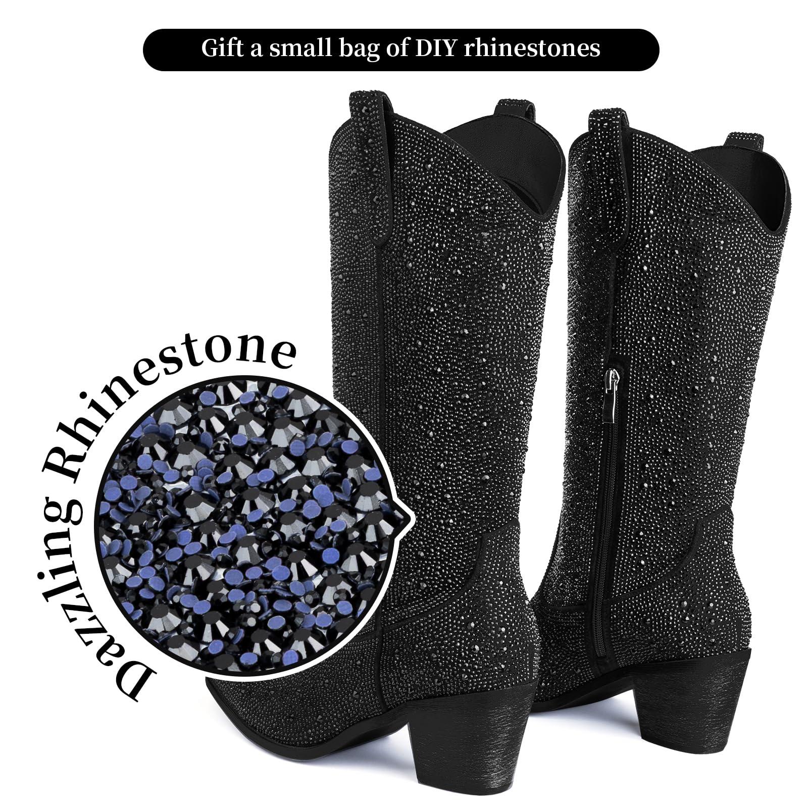 MISSMILLER Women’s Rhinestone Cowboy Boots Mid Calf Pointed Toe Sparkly Block Heel Cowgirl Boots with Pull On Tabs - Image 2