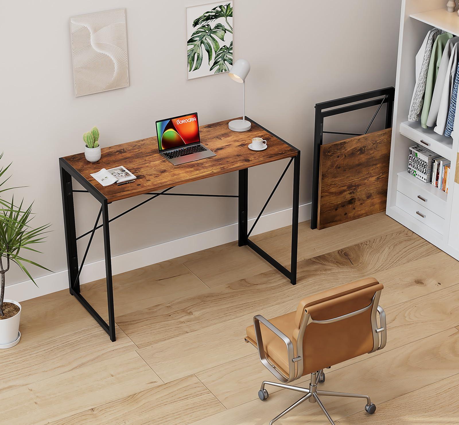 Coavas Small Folding Desk, No Assembly Required Computer Desks, 39.4 inch Spaces Saving Foldable Table for Bedroom, Home Office, Dorm, Apartment, Slippy Vintage Brown - Image 2