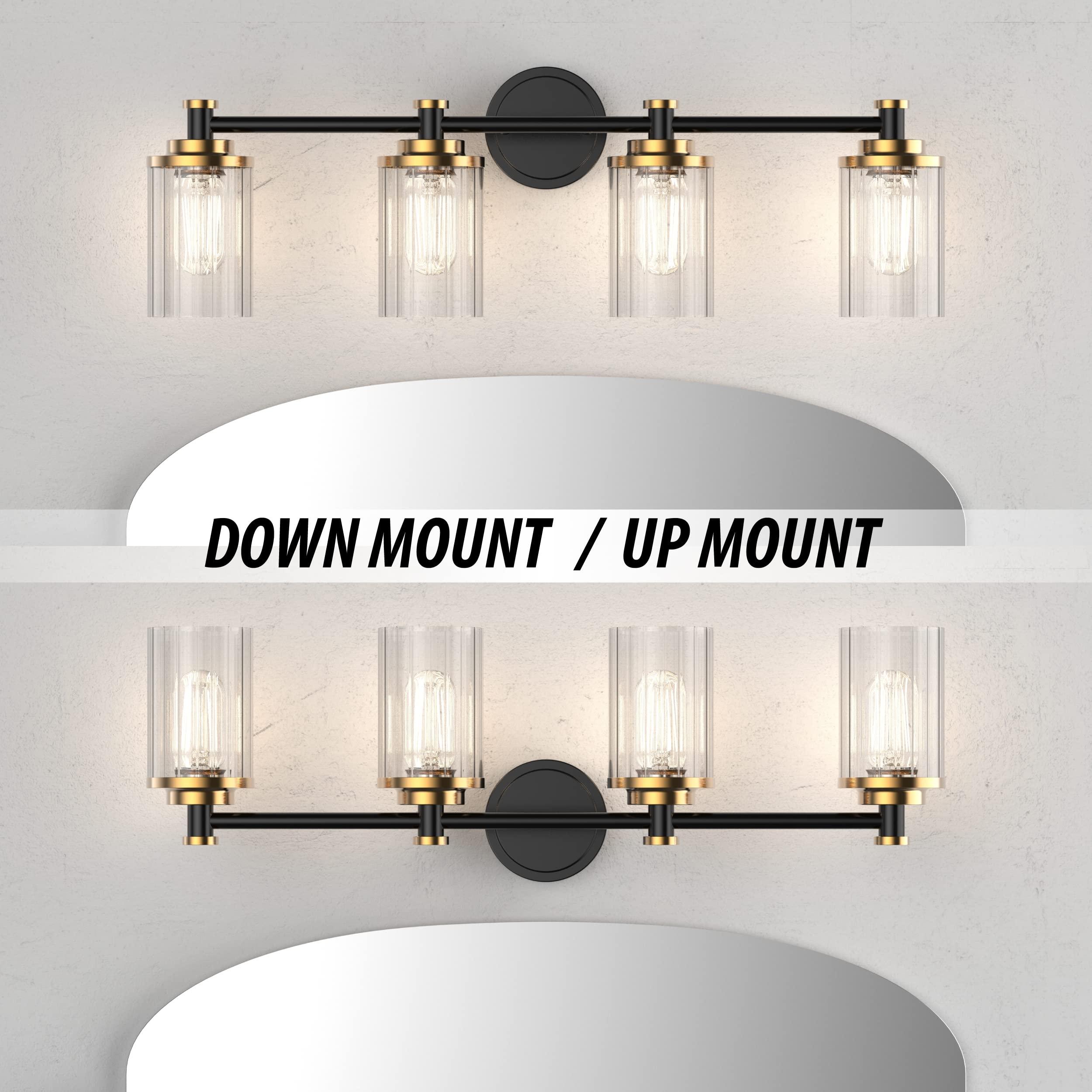 PHIXART Bathroom Lighting Fixtures Black and Gold Bathroom Vanity Light with Cylindrical Clear Stripes Glass Lampshade E26 Socket Base Bathroom Lighting Fixtures Over Mirror (4 Lights) - Image 7