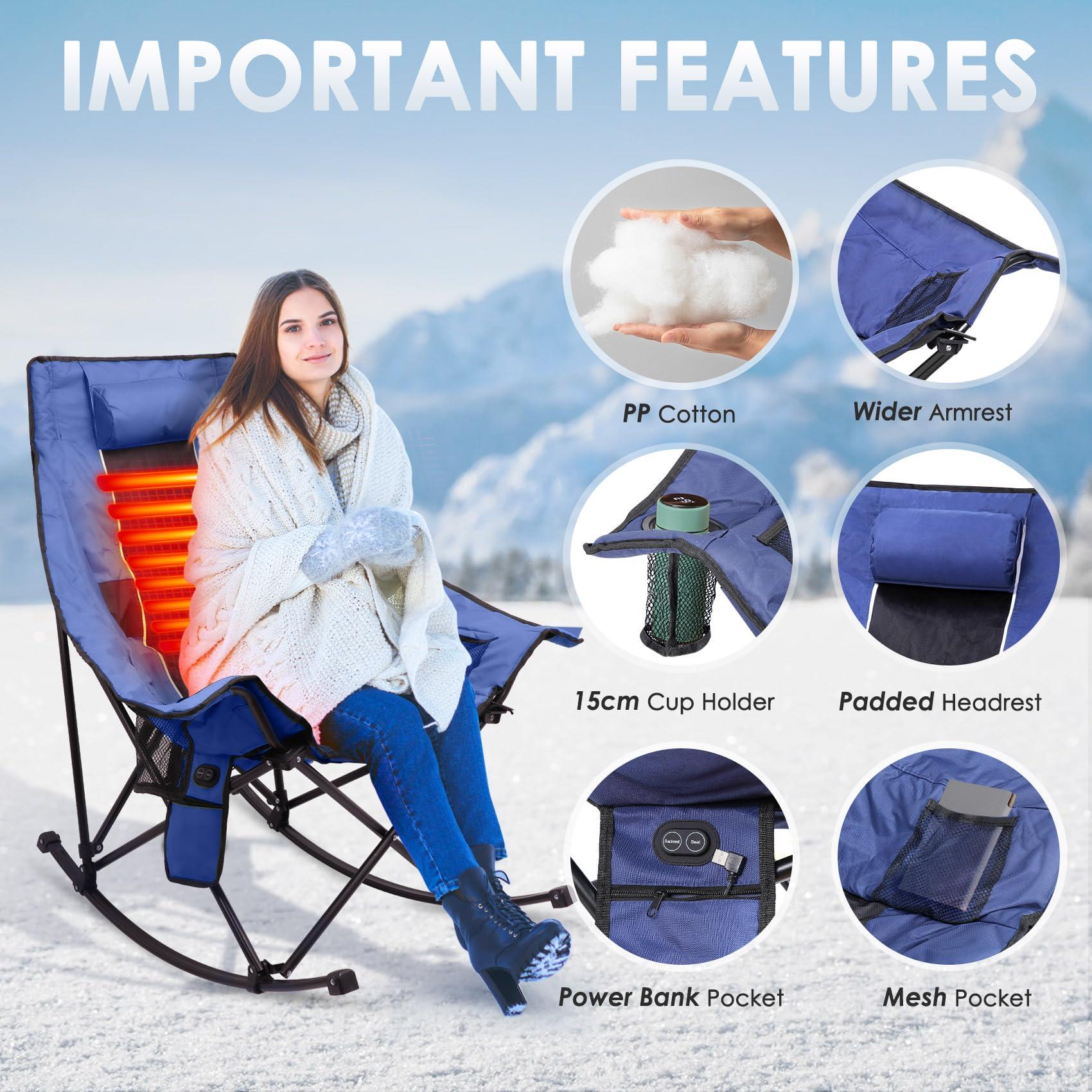 Suteck Heated Rocking Camping Chair, XL Oversized Rocking Chair Outdoor with 3 Heat Levels for Back and Seat, Heated Chairs Outdoor Sports for Patio Lawn Picnic Travel, Power Bank（Not Included） - Image 7