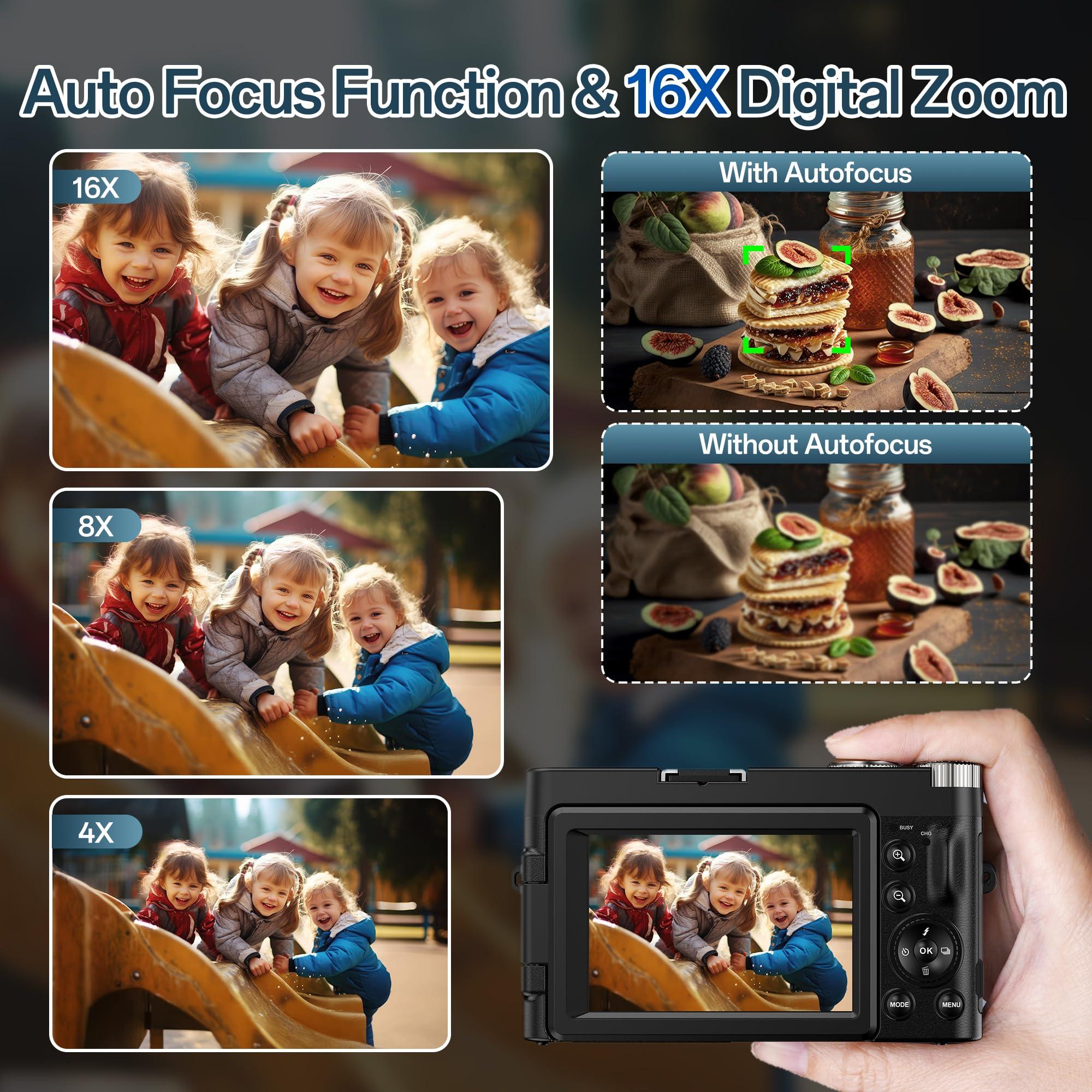 4K Digital Camera for Photography, 48MP Autofocus Vlogging Camera for YouTube with 3'' 180°Flip Screen, 16X Digital Zoom Anti-Shake with SD Card, 2 Batteries & Charging Stand - Image 4