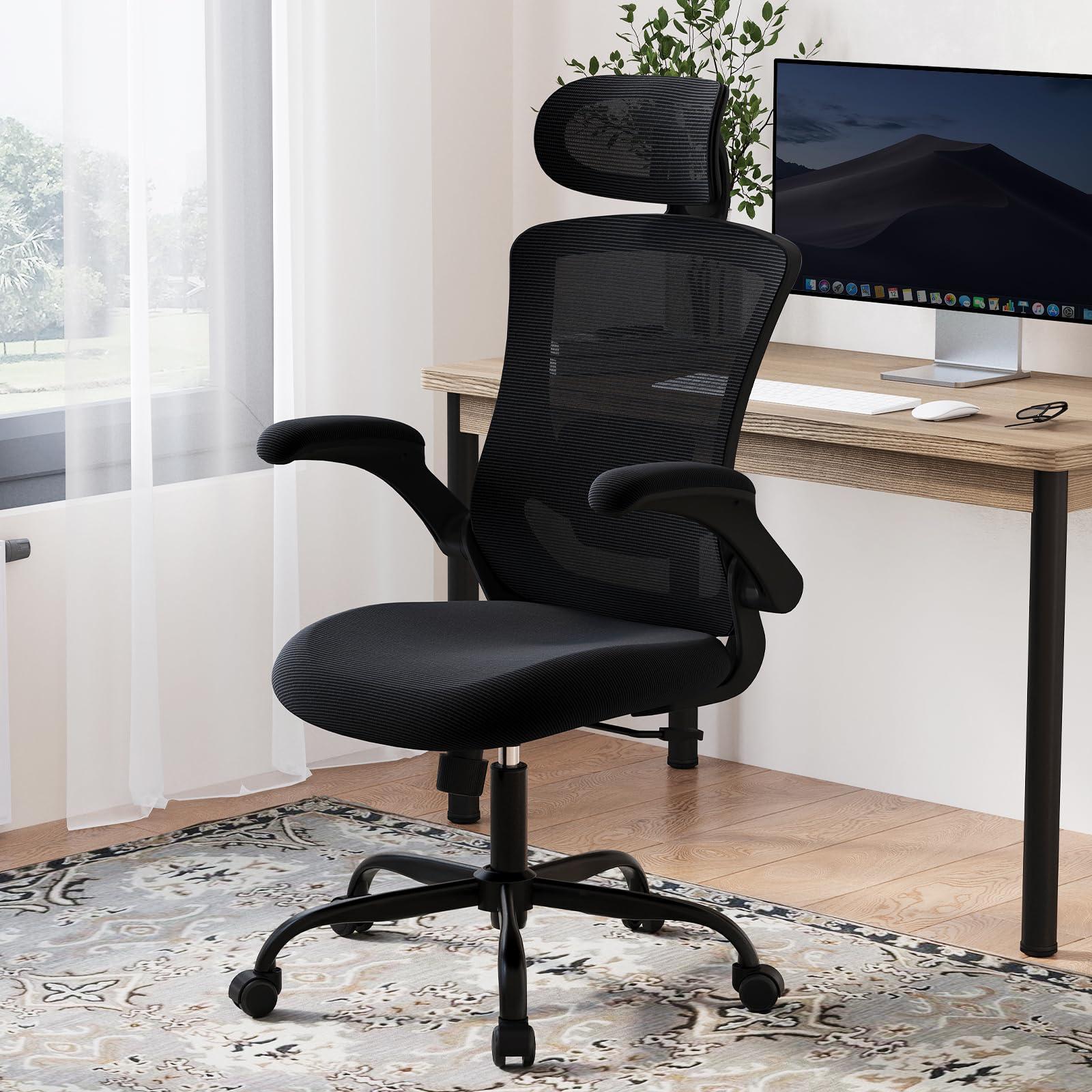 Ergonomic Office Chair with Adjustable Lumbar Support & Headrest – High Back Mesh Desk Chair with Flip-Up Armrests, Swivel Rolling Computer Chair for Home Office, Breathable & BIFMA Certified, Black - Image 2