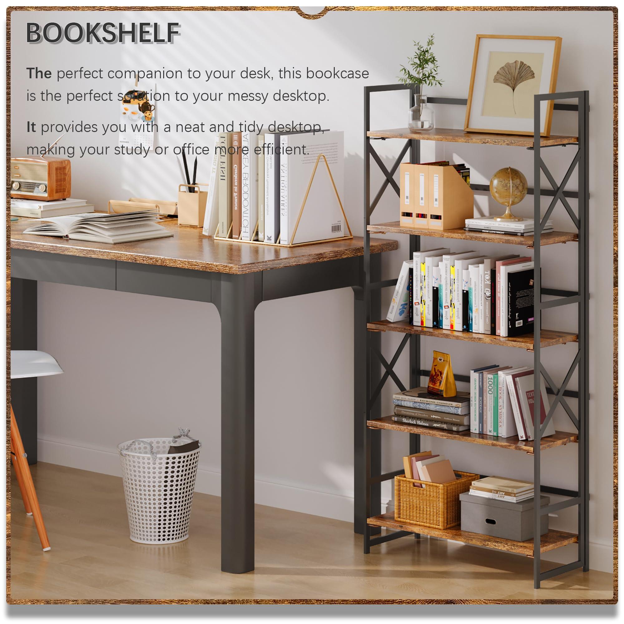 4NM 5 Tiers No Assembly Book Shelves, Black Folding Bookshelf Bookcase Open Industrial Foldable Shelves for Bedroom, Living Room, Home Office - Rustic Brown Black - Image 3