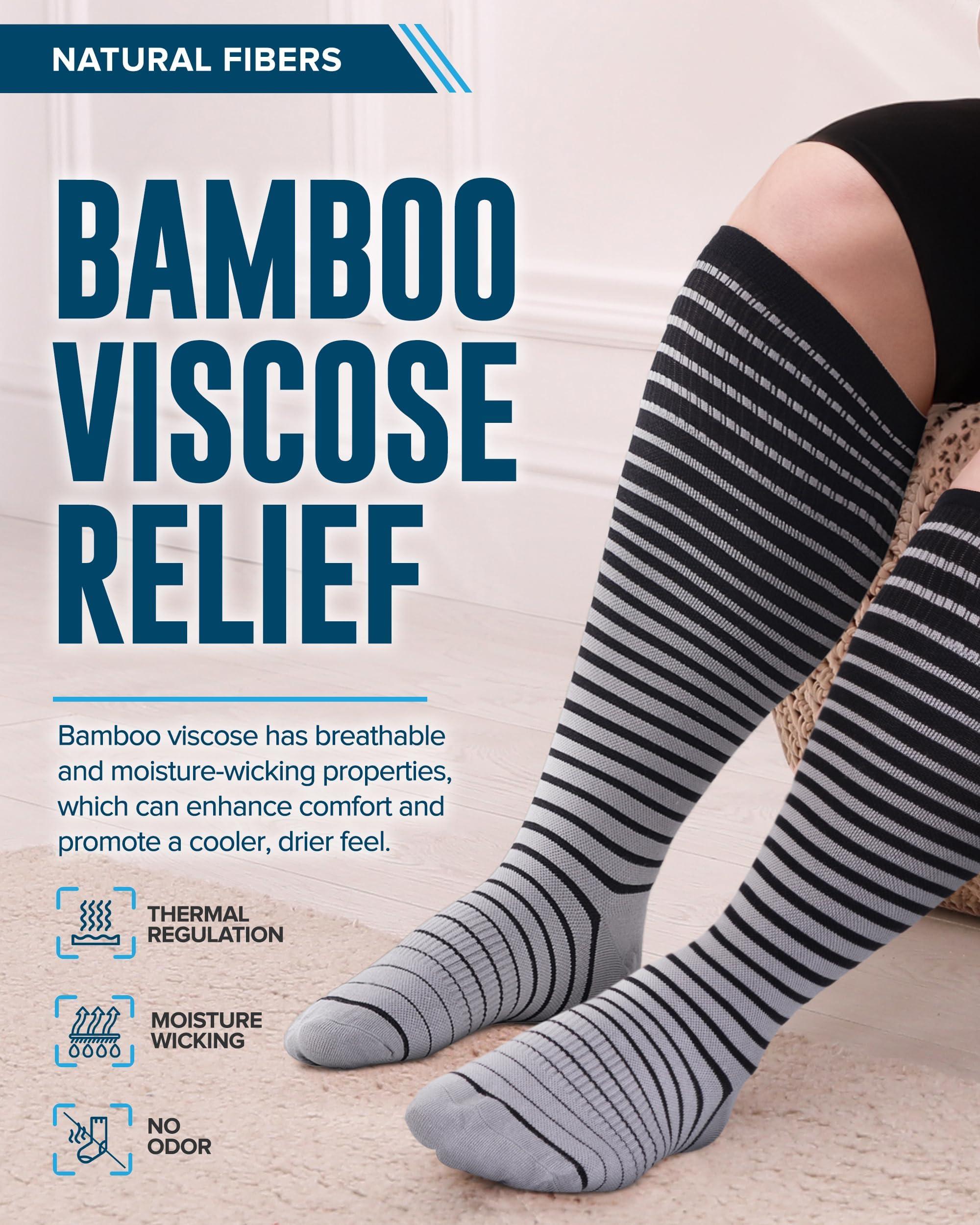 Doctor's Select 3 Pairs Plus Size Compression Socks Wide Calf | Bamboo Viscose Knee High Socks | Extra Wide Calf | Pink, Cobalt Blue, Grey (Black Stripes) - Image 2