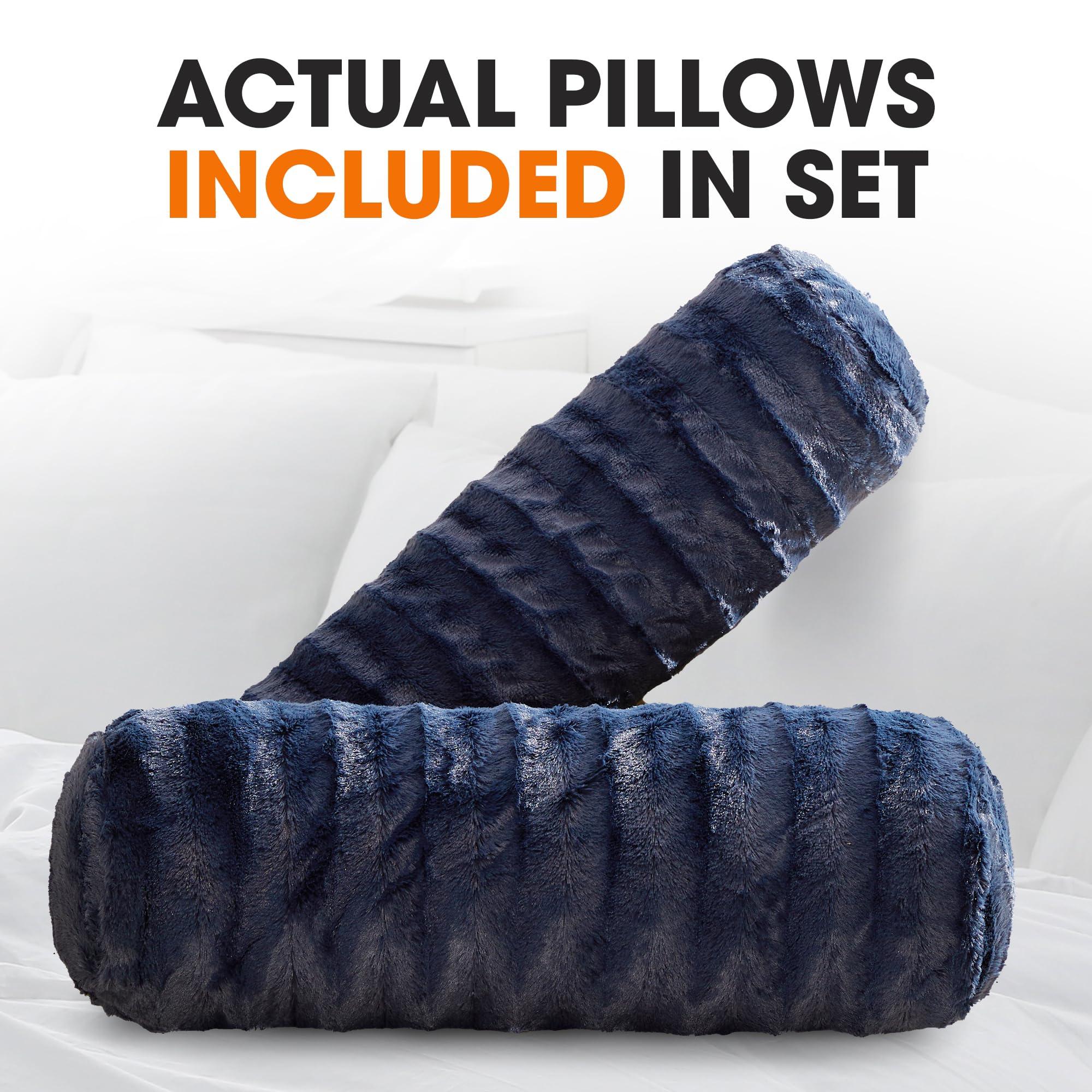 Cheer Collection Faux Fur Cylinder Pillows - Decorative Bolster Pillows for Bed, Accent Pillows for Couch, Machine Washable - 8” x 24” (2pk), Blue - Image 4