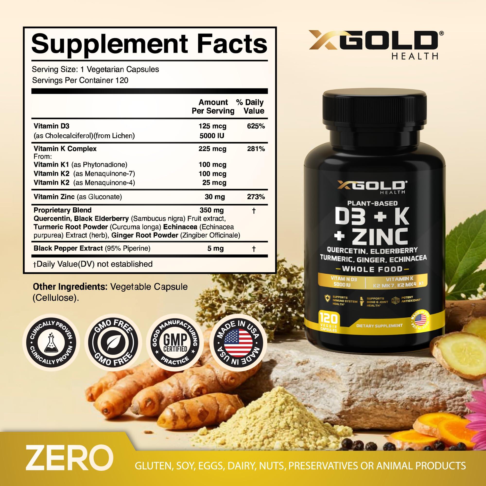 Vitamin D, K2, K1, Zinc, Quercetin, Elderberry, Turmeric, Ginger & Echinacea Whole Food Supplement 8 in 1- D3 5000 IU Plant-Based from Lichen, Vitamin K (K2 MK7, MK4, K1), D3 K2 Vitamins -120 Capsules - Image 2