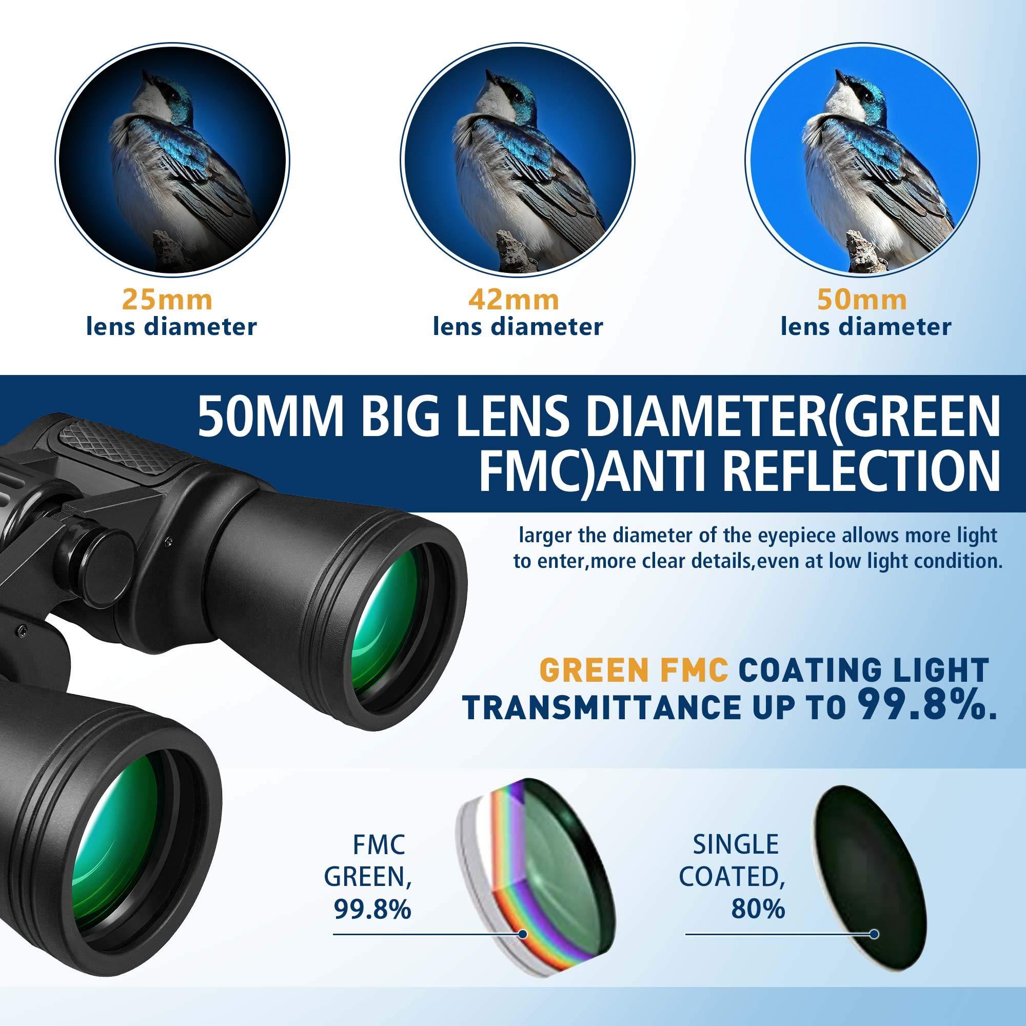 UncleHu 20x50 High Power Binoculars for Adults with Low Light Night Vision, Compact Waterproof Binoculars for Bird Watching Hunting Travel Football Games Stargazing with Carrying Case and Strap - Image 4