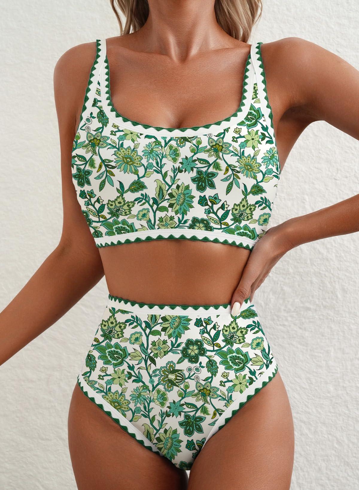 Herseas Women's Bikini Sets Floral Print Whip Stitch 2 Piece Swimsuits High Waisted Scoop Bathing Suits - Image 4