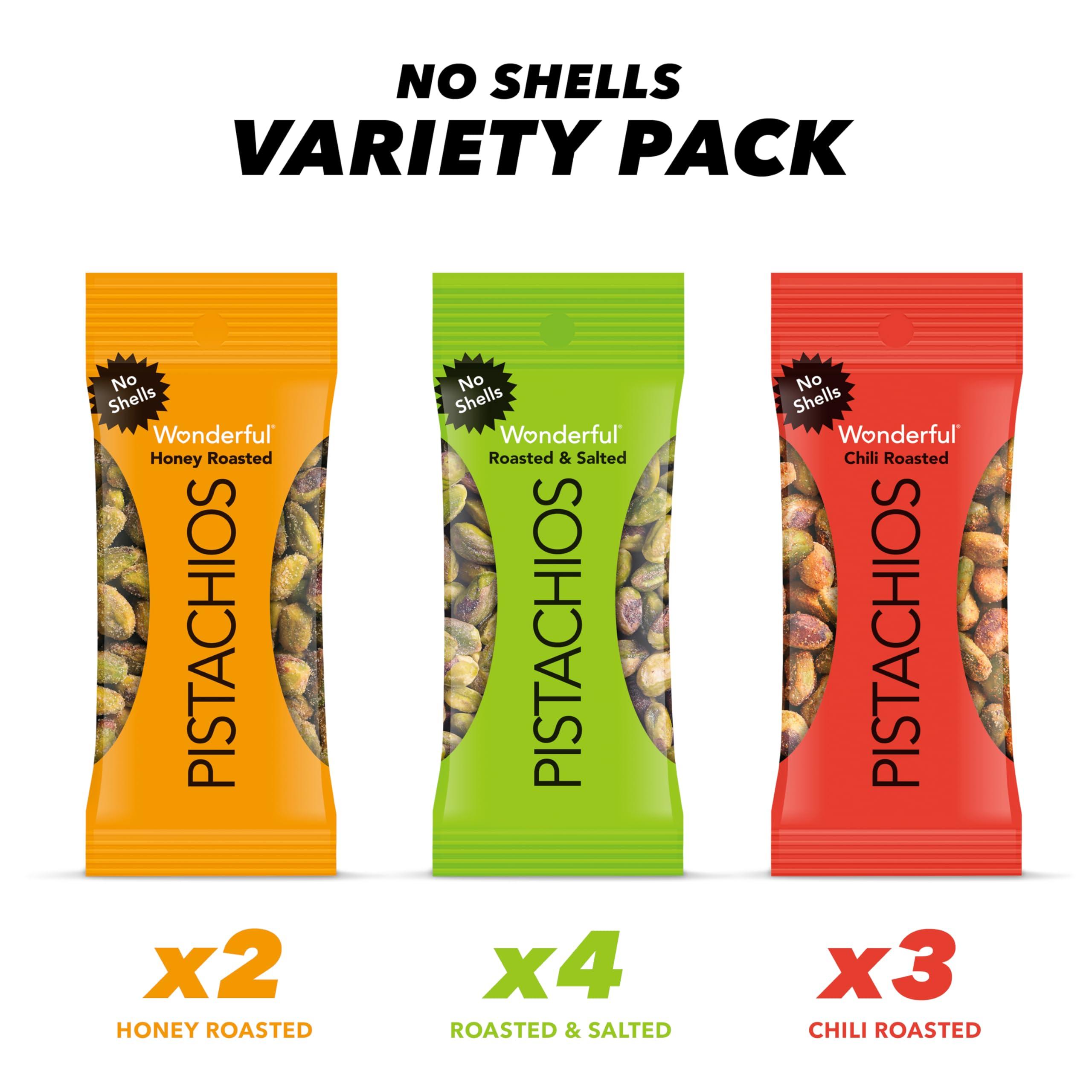 Wonderful Pistachios No Shells, 3 Flavors Mixed Variety Pack of 9 (0.75 Ounce), Roasted & Salted Nuts (4), Chili Roasted (3), Honey Roasted (2), Protein Snacks, Gluten Free, Pantry Staples, Healthy Snacks Variety Pack for Adults - Image 3