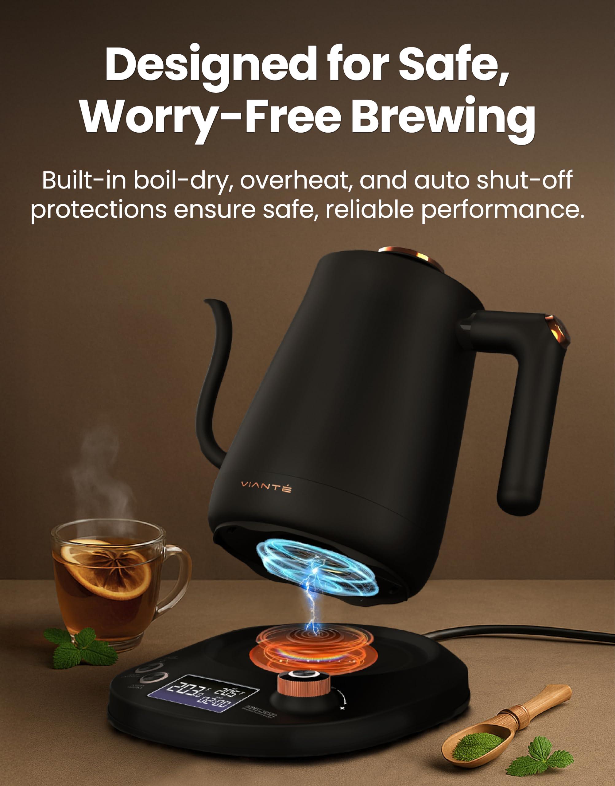 Vianté Electric Gooseneck Kettle with Precise Temperature Control. Pour Over Coffee & Tea Kettle. Boil-Dry Protection & Keep Warm Function. Stainless Steel, BPA-Free. Includes V60#2 Filters. 0.8L - Image 8