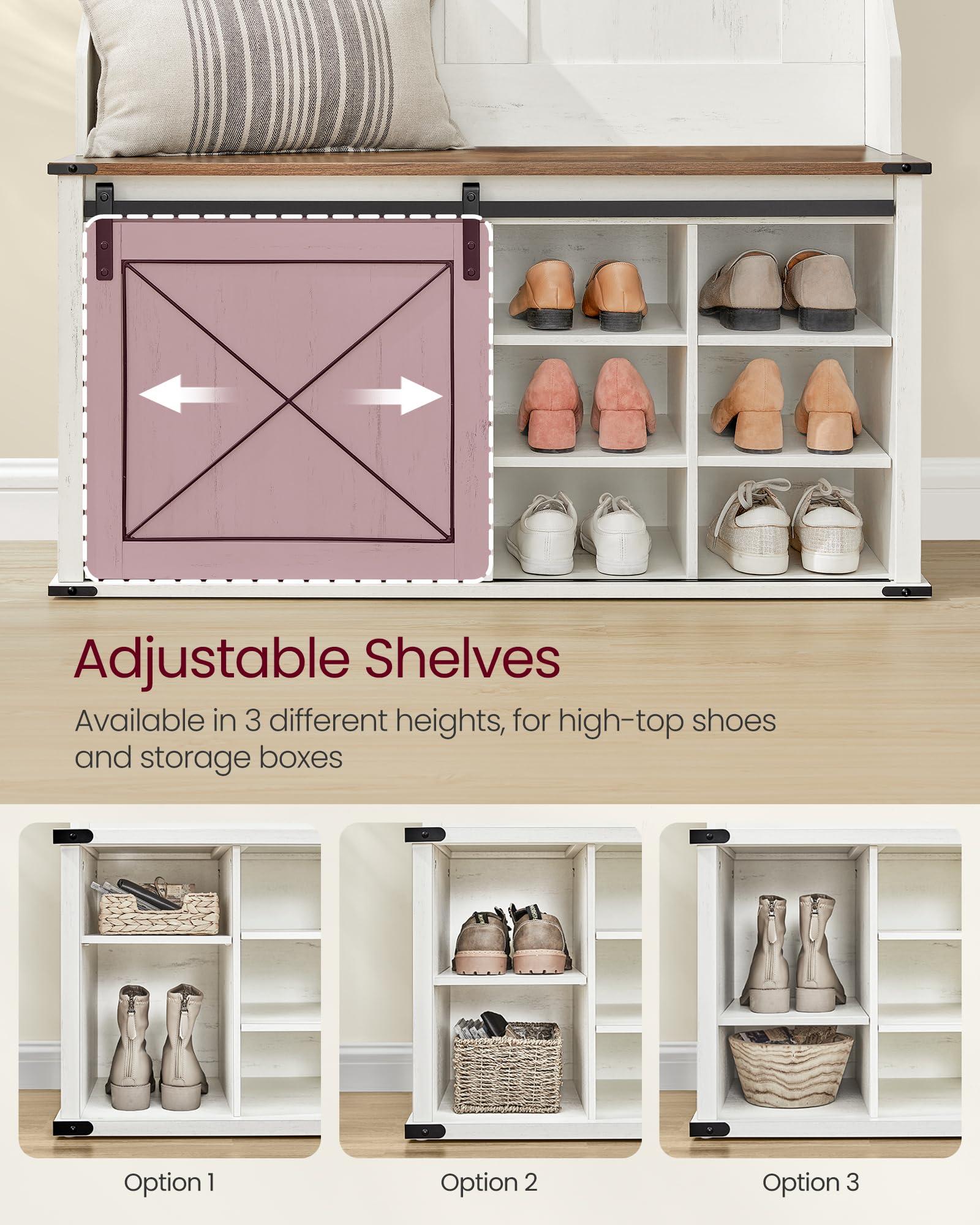 VASAGLE Hall Tree with Bench and Shoe Storage, Coat Rack with Shoe Bench, Entryway Furniture, 6 Tri-Hooks, Sliding Door, Farmfouse Style, Space Saving, Rustic White and Honey Brown UHSR442W01 - Image 5