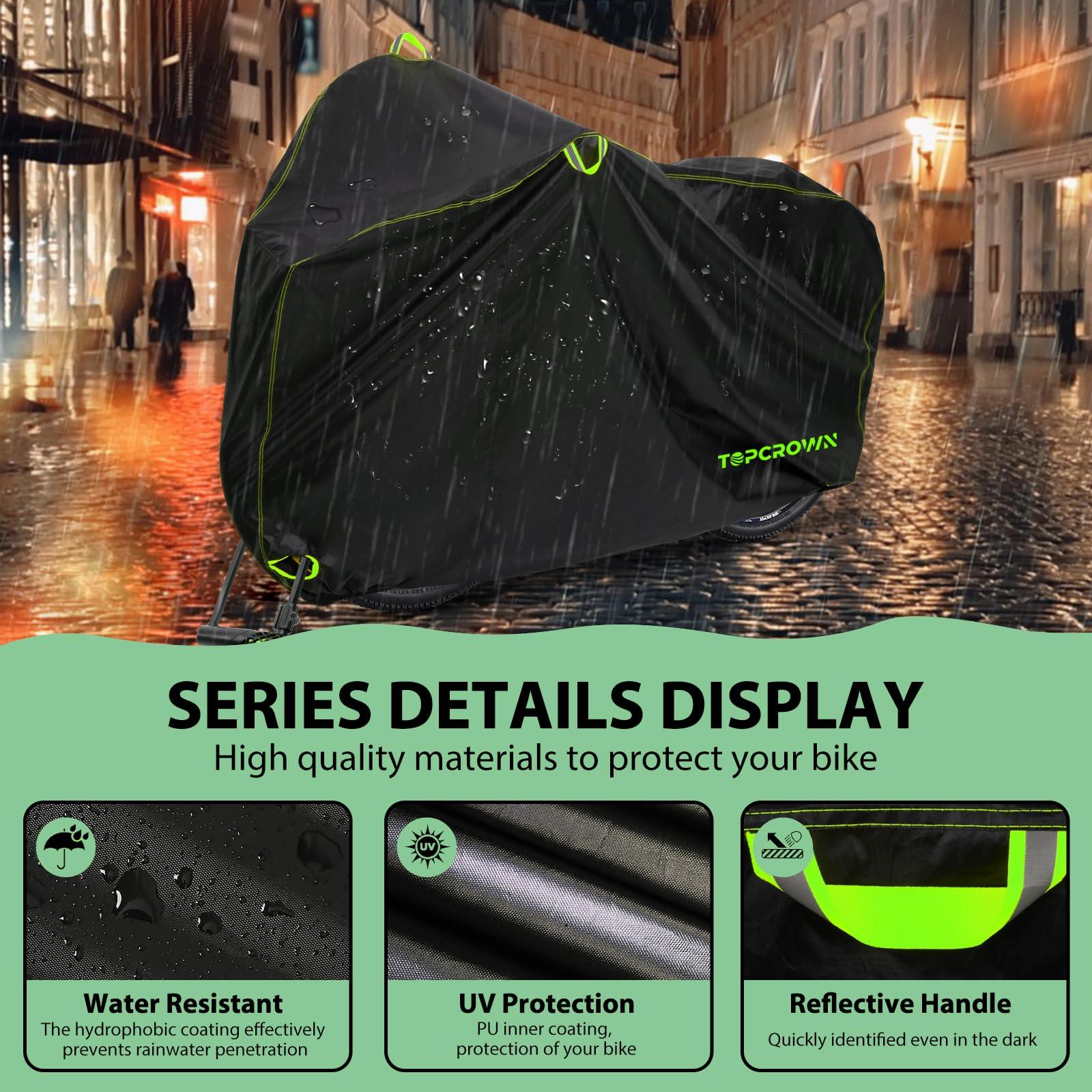 Topcrown Bike Cover Waterproof Outdoor Storage for 1/2/3 Bikes, Bicycle Cover Rain Sun UV Dust Wind Proof with Storage Bag for Mountain Road Bike/Ebike (210D Black+Green, XL Size for 1 bike) - Image 4