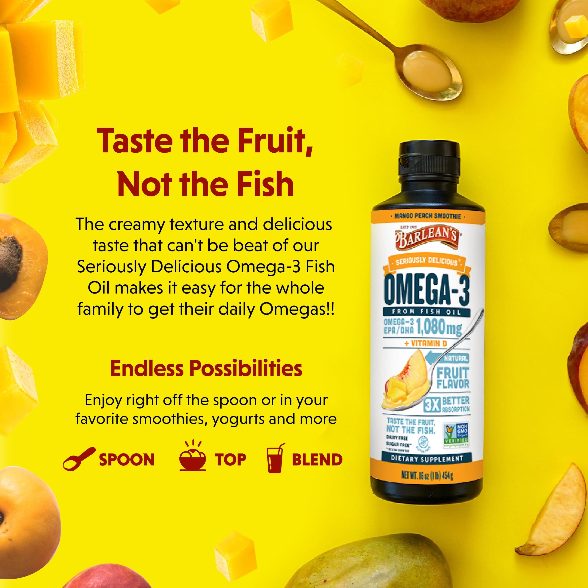 Barlean's Mango Peach Omega 3 Fish Oil Liquid Supplement with Vitamin D, 1080mg EPA & DHA Fatty Acid, Smoothie Flavored & Burpless for Brain, Joint, & Heart Health, 16 oz - Image 3