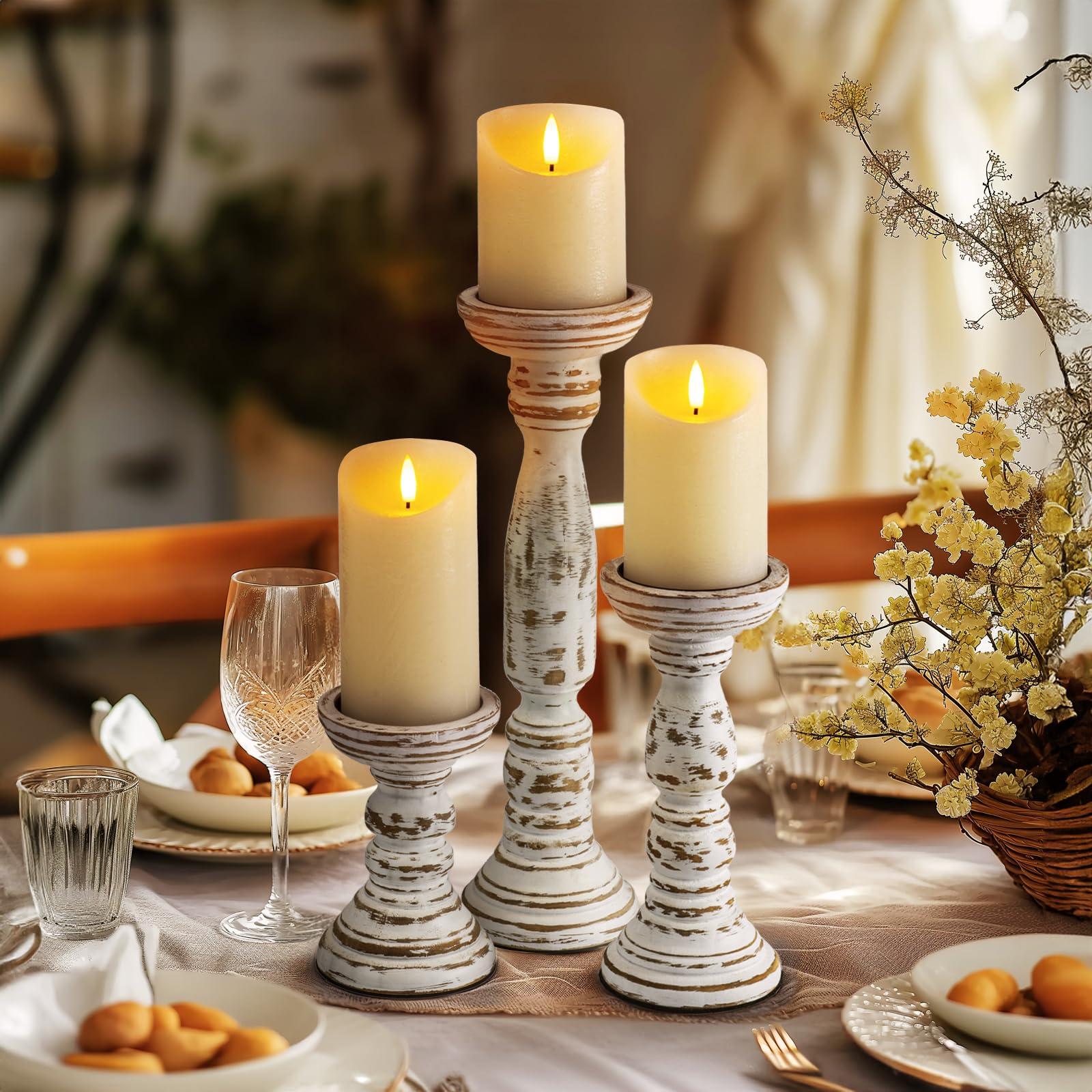Homemory Farmhouse Wood Candle Holders for Pillar Candles Set of 3, Rustic Candle Holders for Table Centerpiece, 13" 9" 6" Vintage Tall Candle Stand Decorative for Dining Fireplace Living Room (White) - Image 2