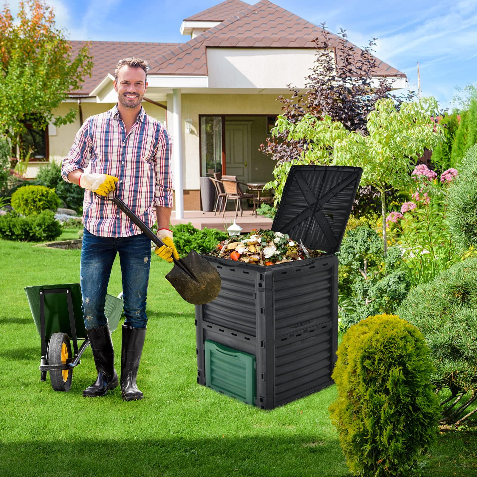 Goplus Compost Bin, 80 Gallon (300 L) Large Outdoor Composting Box w/Top Flip Latch-on Lid, Bottom Exit Door, BPA Free Material, Grass Food Trash Composter Barrel for Garden Yard, Easy Assembly - Image 2