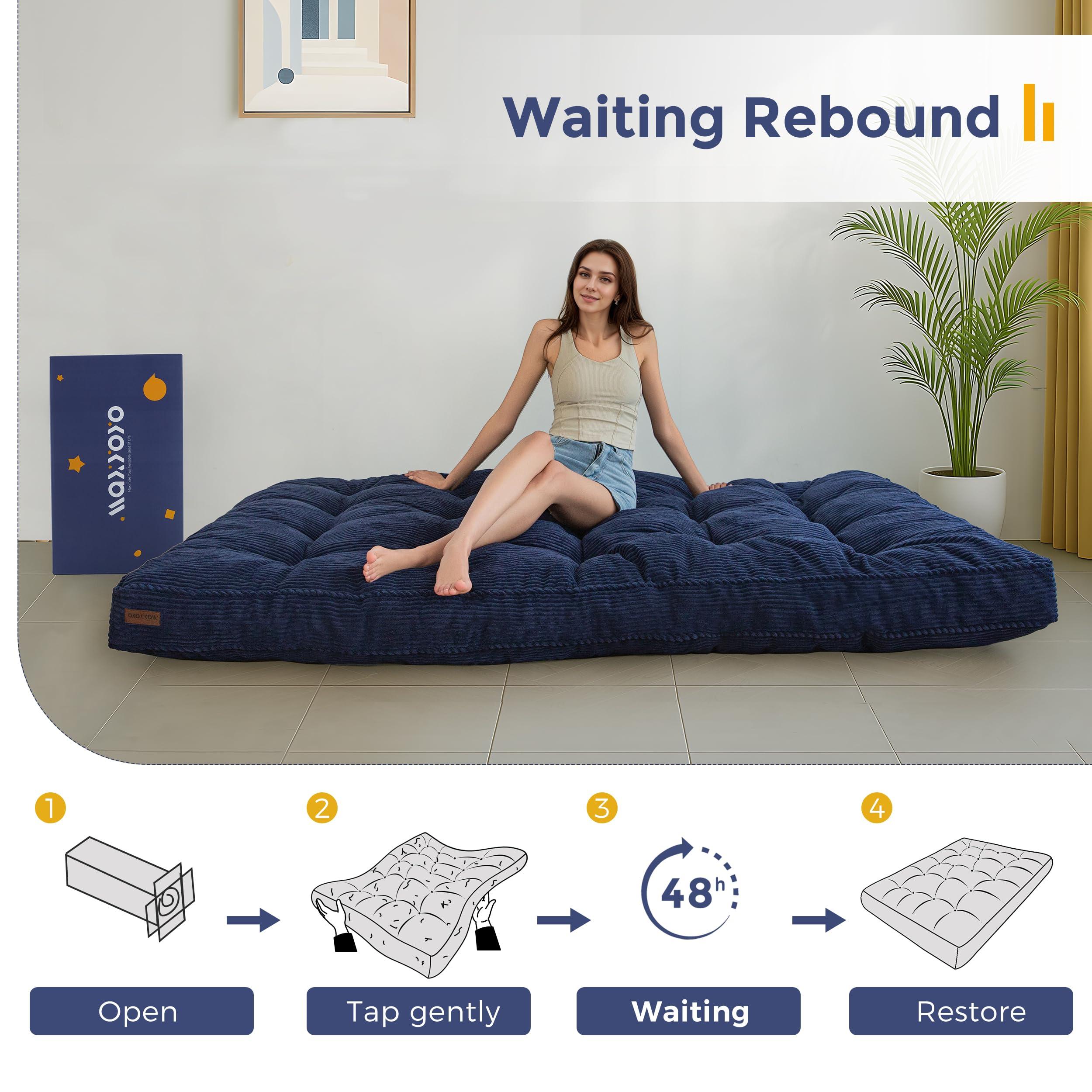 MAXYOYO 6" Futon Mattress Full Size, Tufted Futons Sofa Couch Bed with Twisted Rope Design Edging, Thick Corded Fabric Floor Mattress for Adults, Shredded Foam Filling (Frame Not Included), Navy - Image 6