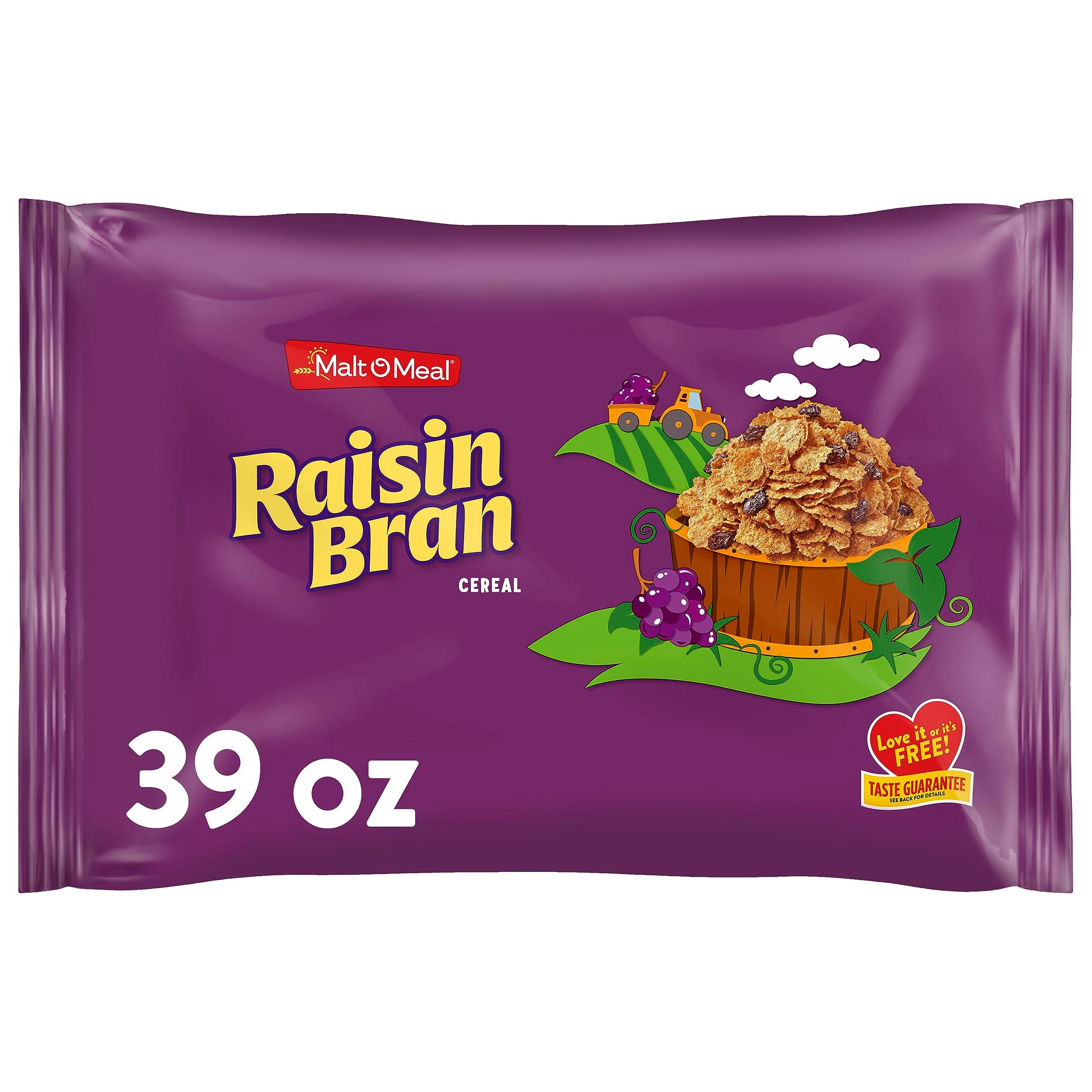 Malt-O-Meal Raisin Bran Cereal, Wheat Flakes and Raisins Breakfast Cereal, Large Cereal for Family, 39 OZ Resealable Cereal Bag