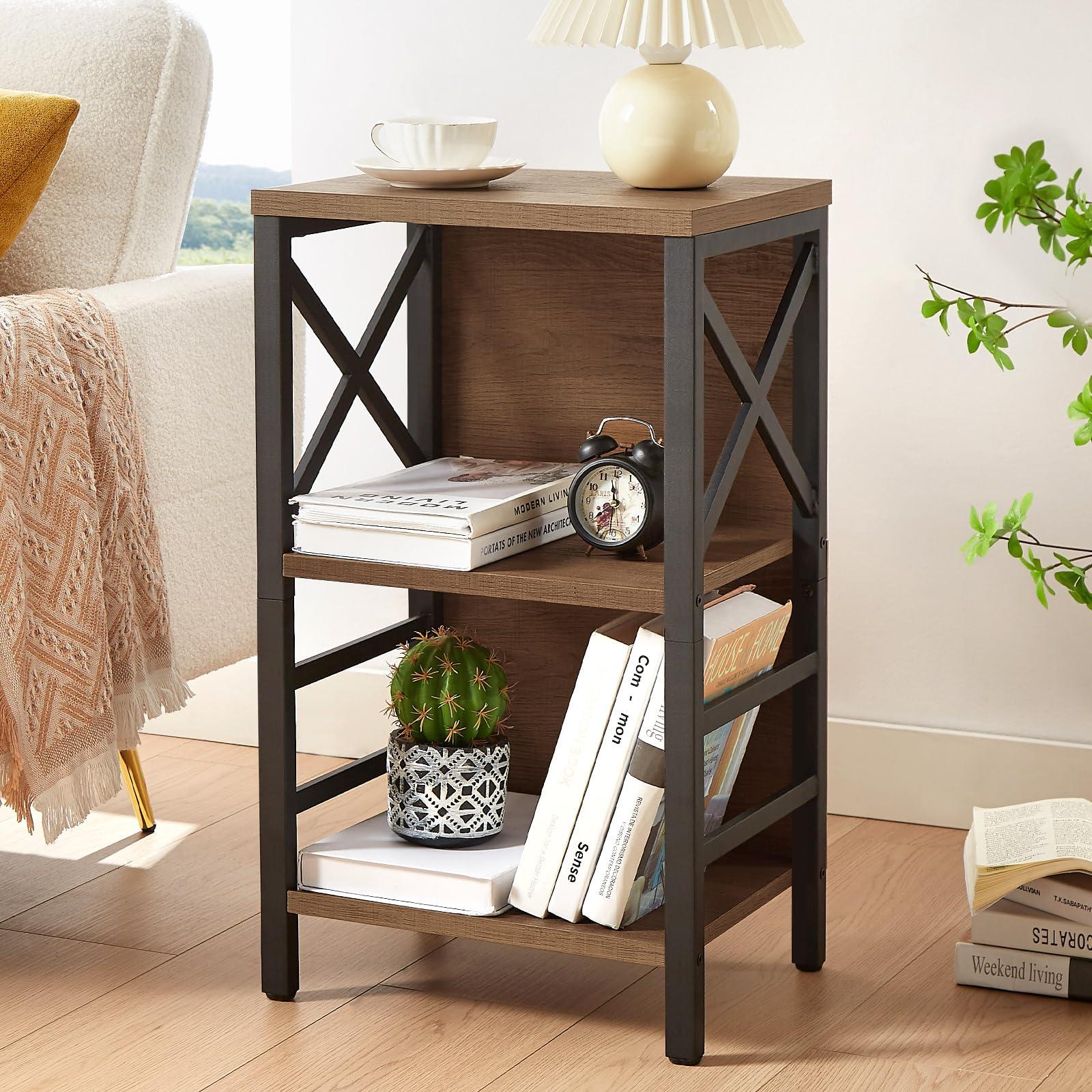MNEETRUNG Small Bookcase,3 Tier Industrial Bookshelf with Metal Frame and Backboard,Low Rustic Brown Book Shelf,Book case for Small Spaces,Living Room,Bedroom and Home Office - Image 2