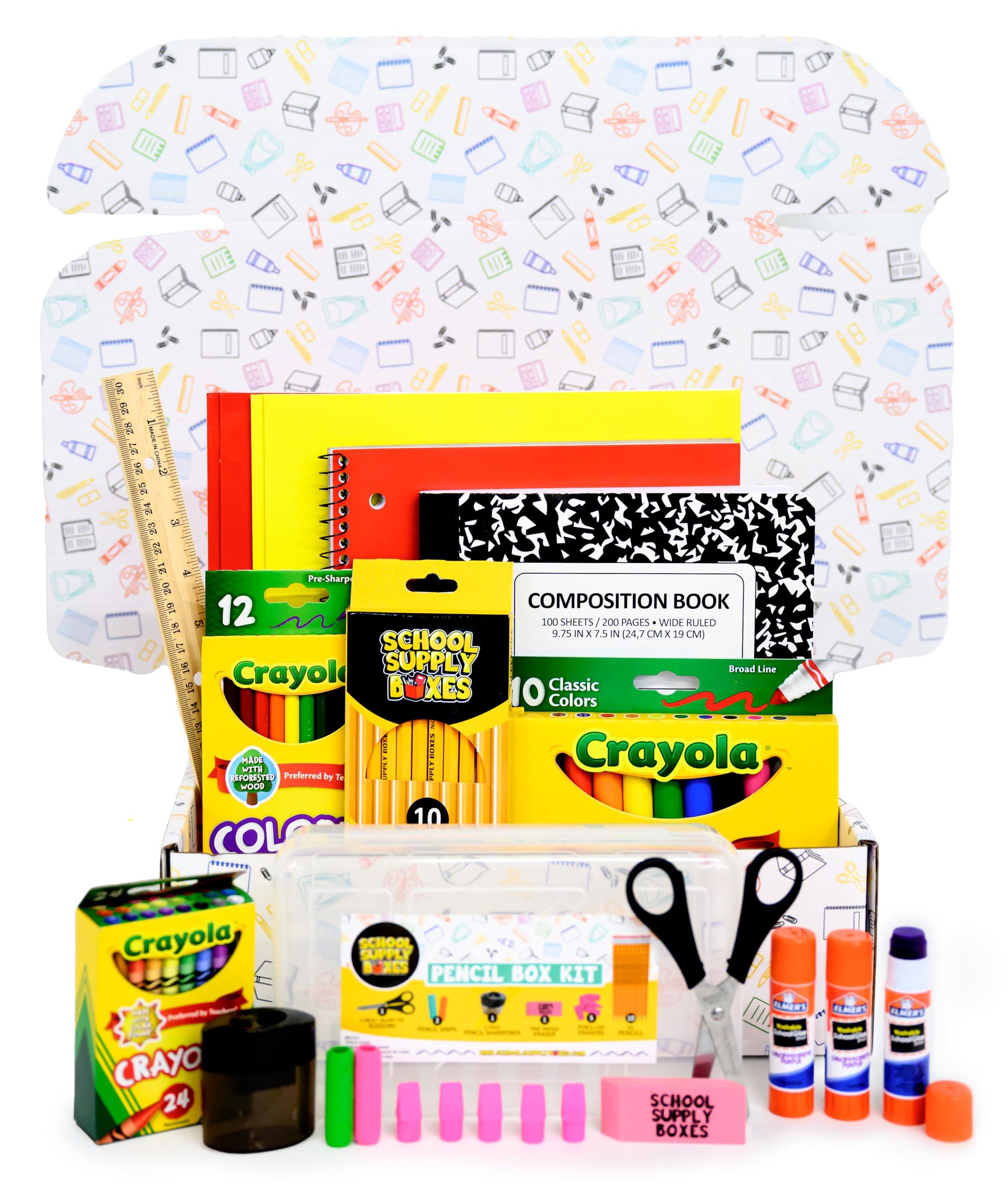 Back to School Supply Box Grades K-5 - School Supply Boxes - 32 Piece School Supplies Kit Includes Markers, Crayons, Pencils, Scissors, Folders, Glue Sticks, Notebook, and Composition Book