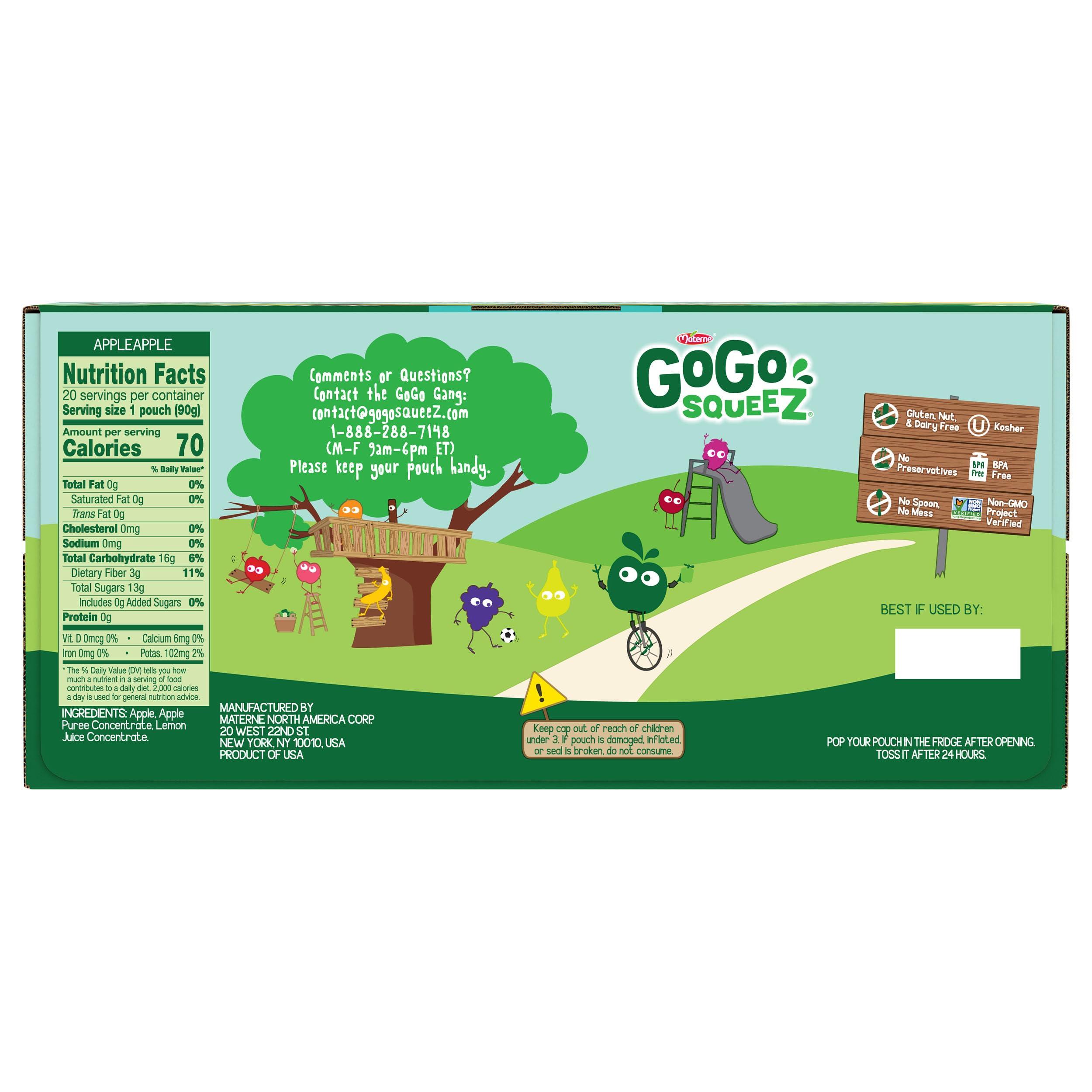 GoGo squeeZ Applesauce and Fruit Puree, Apple Apple, 3.2 oz (Pack of 20), Unsweetened Fruit Snacks for Kids, Gluten Free, Nut Free and Dairy Free, Recloseable Cap, BPA Free Pouches - Image 2