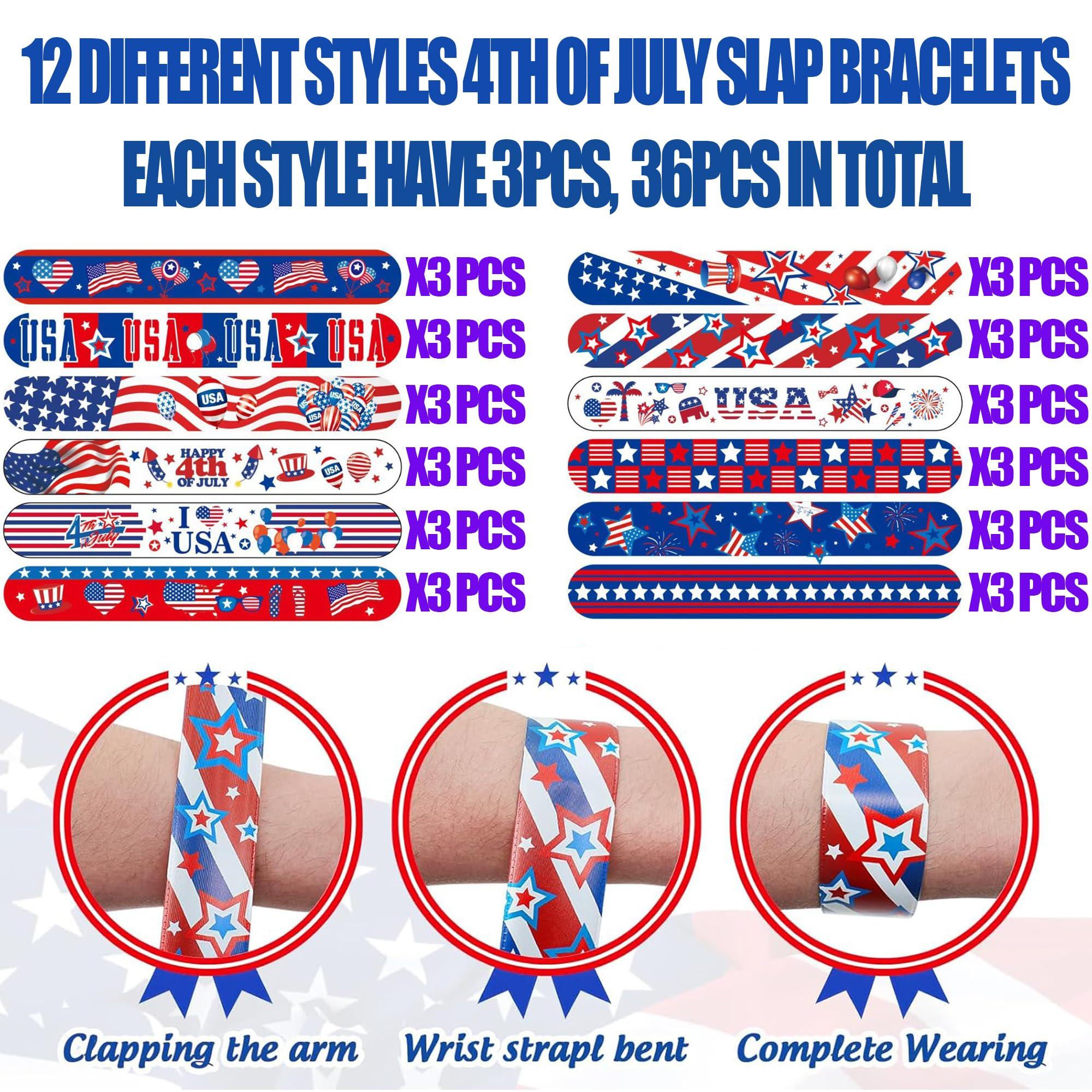 【12 Patterns 36PCS】 4th of July Slap Bracelets Bulk 4th of July Accessories Patriotic Party Favors Parade Throws Fourth of July Party Supplies Toys Gifts USA Accessories Fourth of July Deals - Image 3
