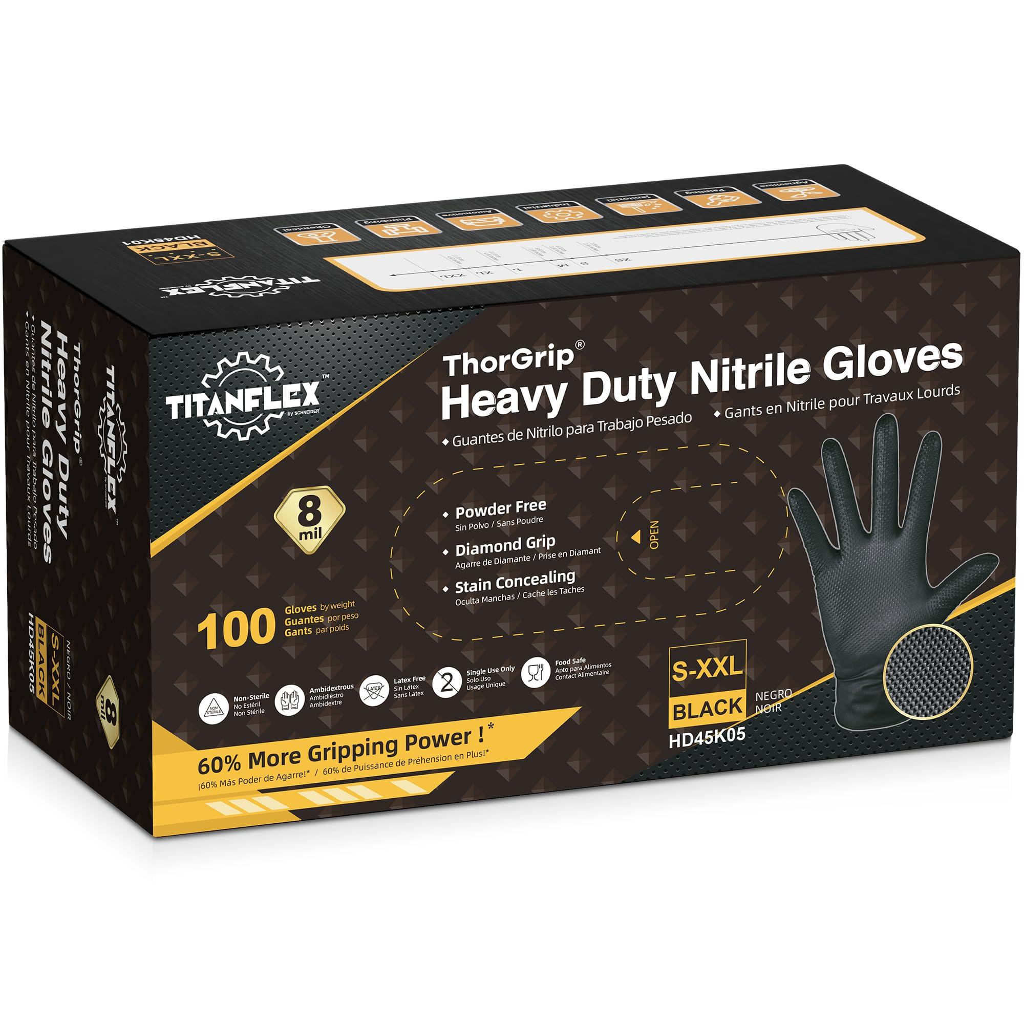 TitanFlex Thor Grip Heavy Duty Black Industrial Nitrile Gloves with Raised Diamond Texture, 8-mil, Latex Free - Image 2