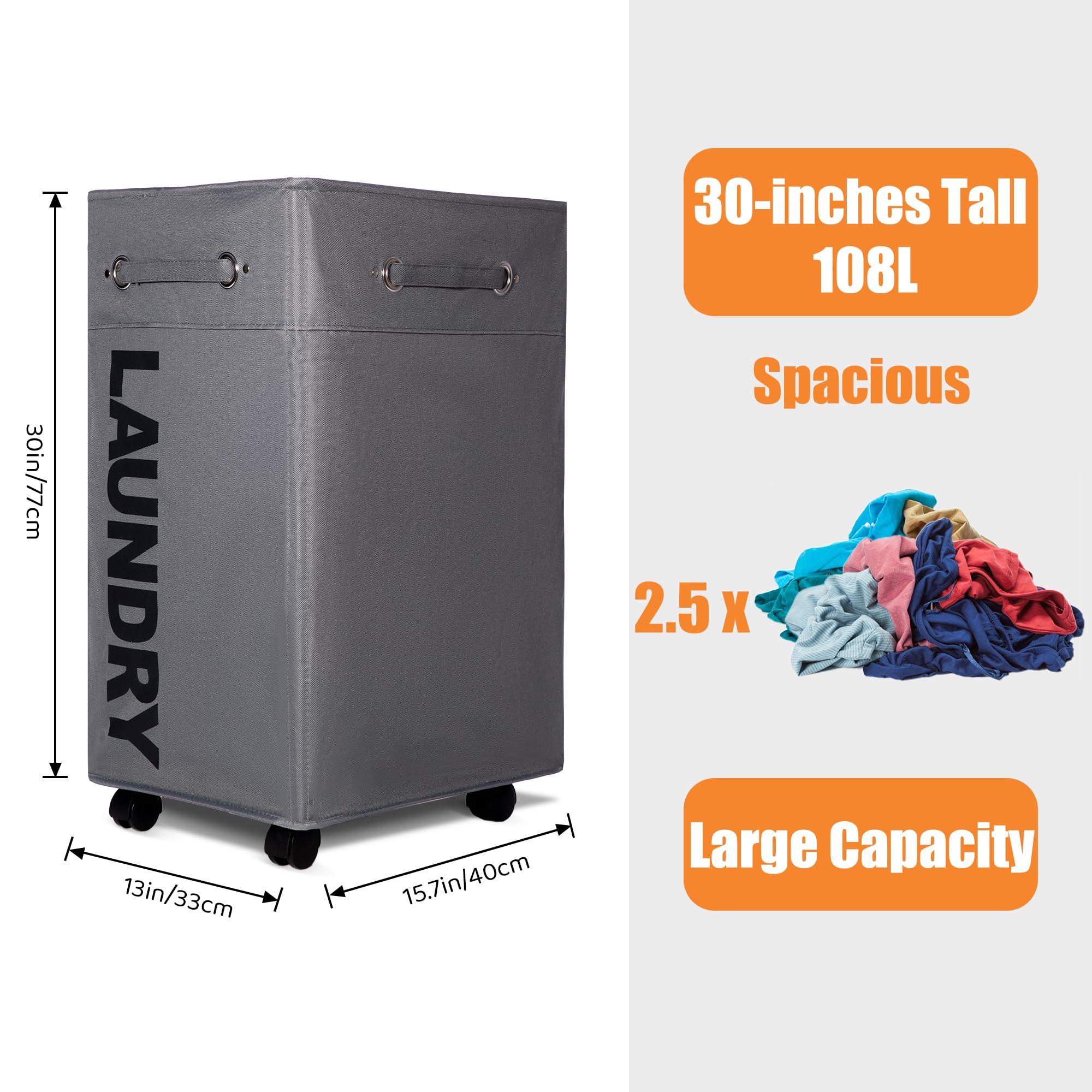 Caroeas 30-inches Rolling Laundry Basket with wheels XLarge, Collapsible Laundry hamper on Wheels Tall Thin Narrow Foldable Storage Bins for Corner - Image 2