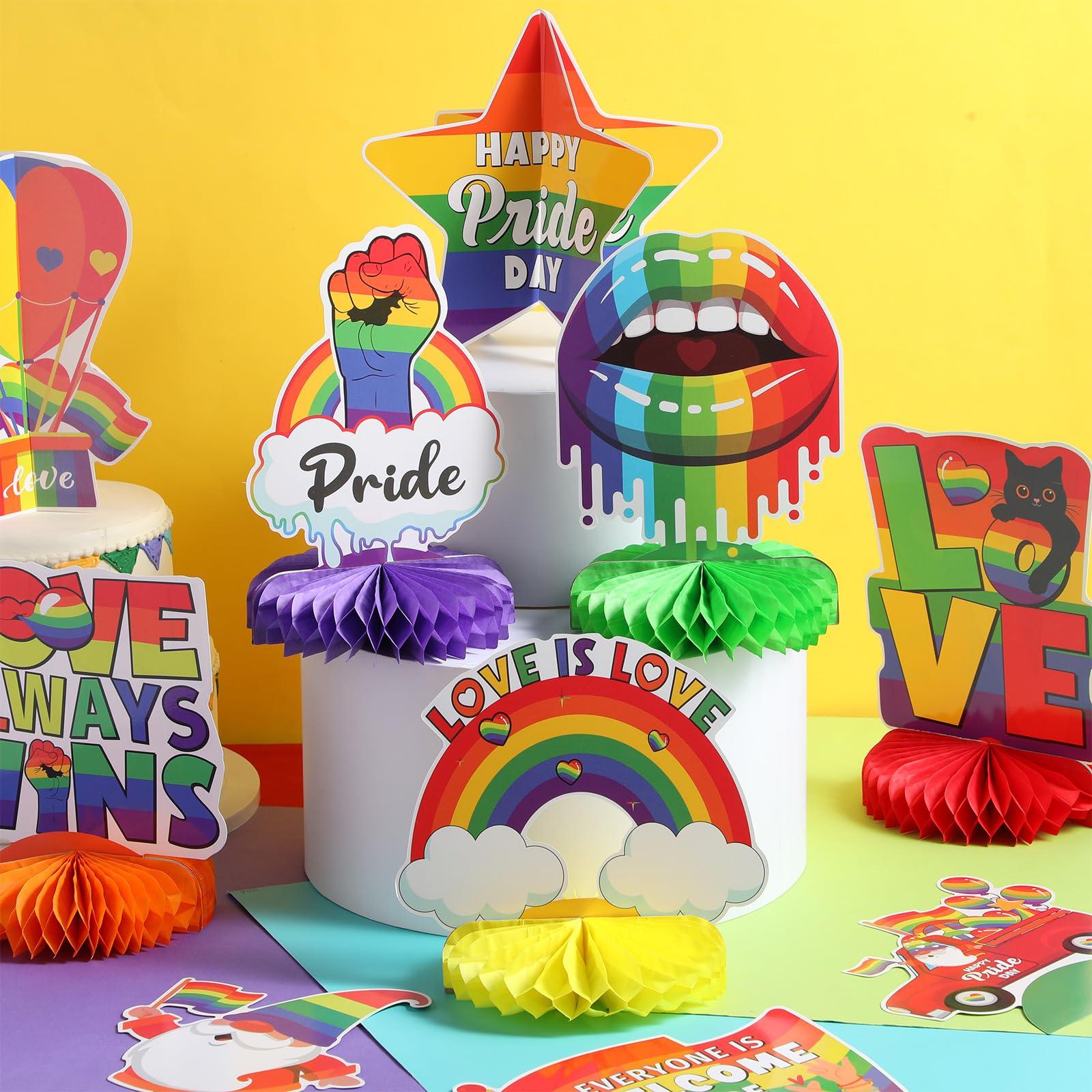 Pasimy 11 Pcs Pride Decorations 3D Rainbow Honeycomb Table Centerpiece Gay Pride Month Party Decorations Love Is Love Tabletop Toppers Rainbow Sign Decor for Office Classroom Home Lgbtq Party Supplies - Image 2