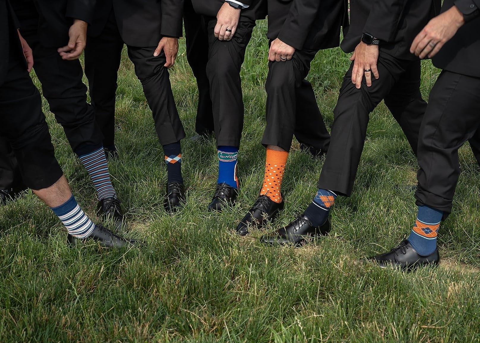 7Bigstars Men's Cotton Dress Crew Socks -6 pack-Argyle Stripes Dots-Large-Brown Blue Black Khaki Beige - Image 3