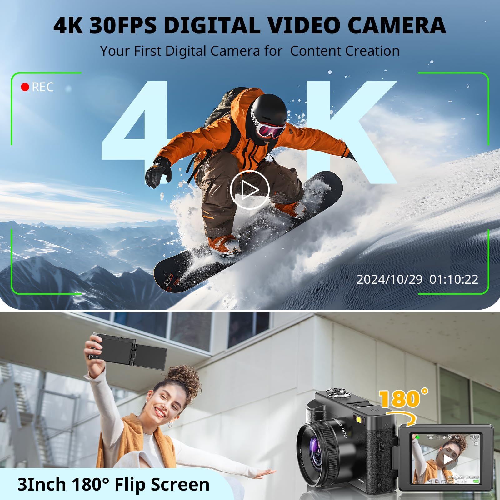 4K Digital Camera for Photography Autofocus, 2024 Latest 48MP Vlogging Camera for YouTube with SD Card, 2 Batteries, 3" 180°Flip Screen Compact Travel Camera for Teens with 16X Zoom, Anti-Shake,Black - Image 2