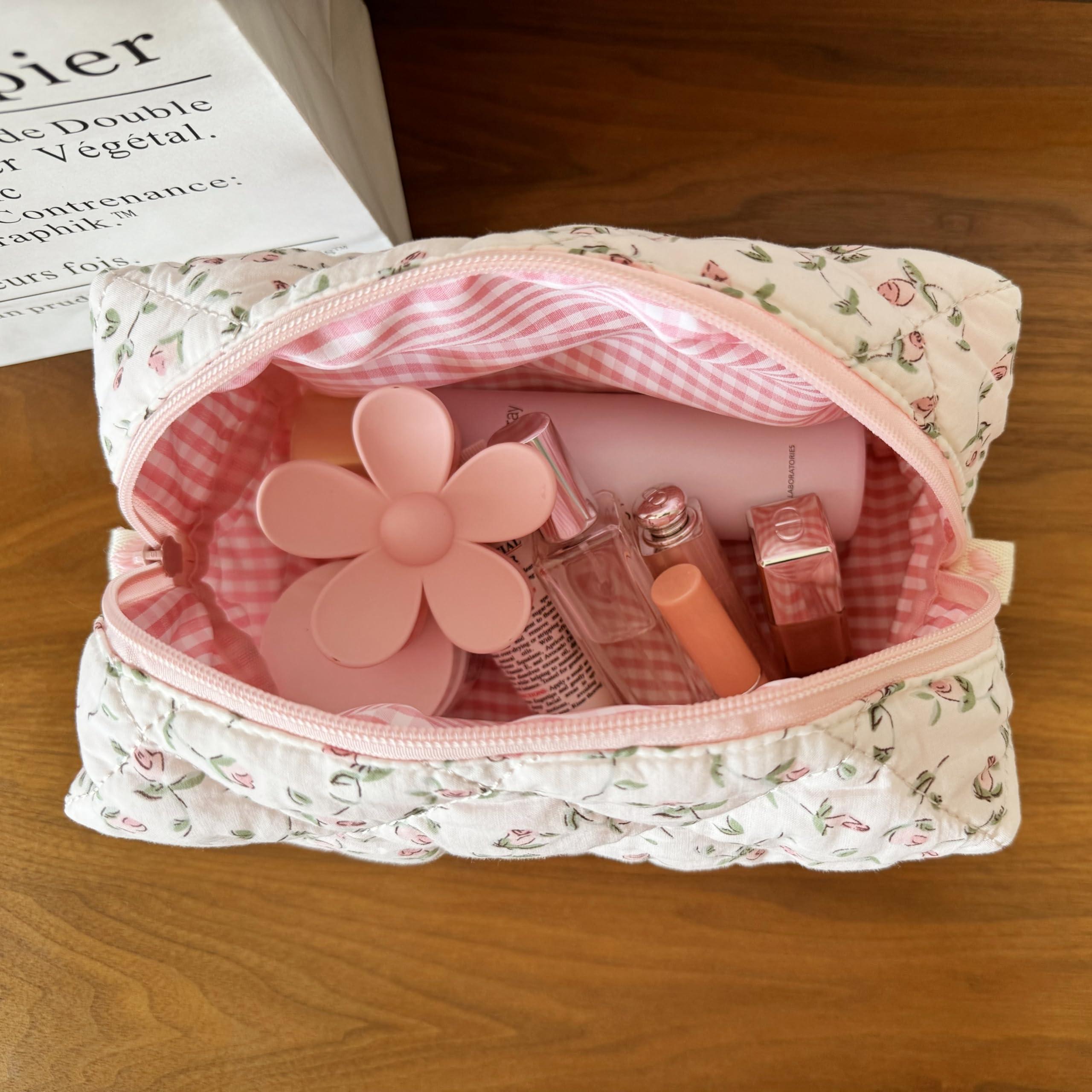 ZUNUONUO Cotton Quilted Makeup Bag Coquette Accessories Make up Bag Organizer Cute Floral Cosmetic Pouch Travel Makeup Bag for Women Rose - Image 5
