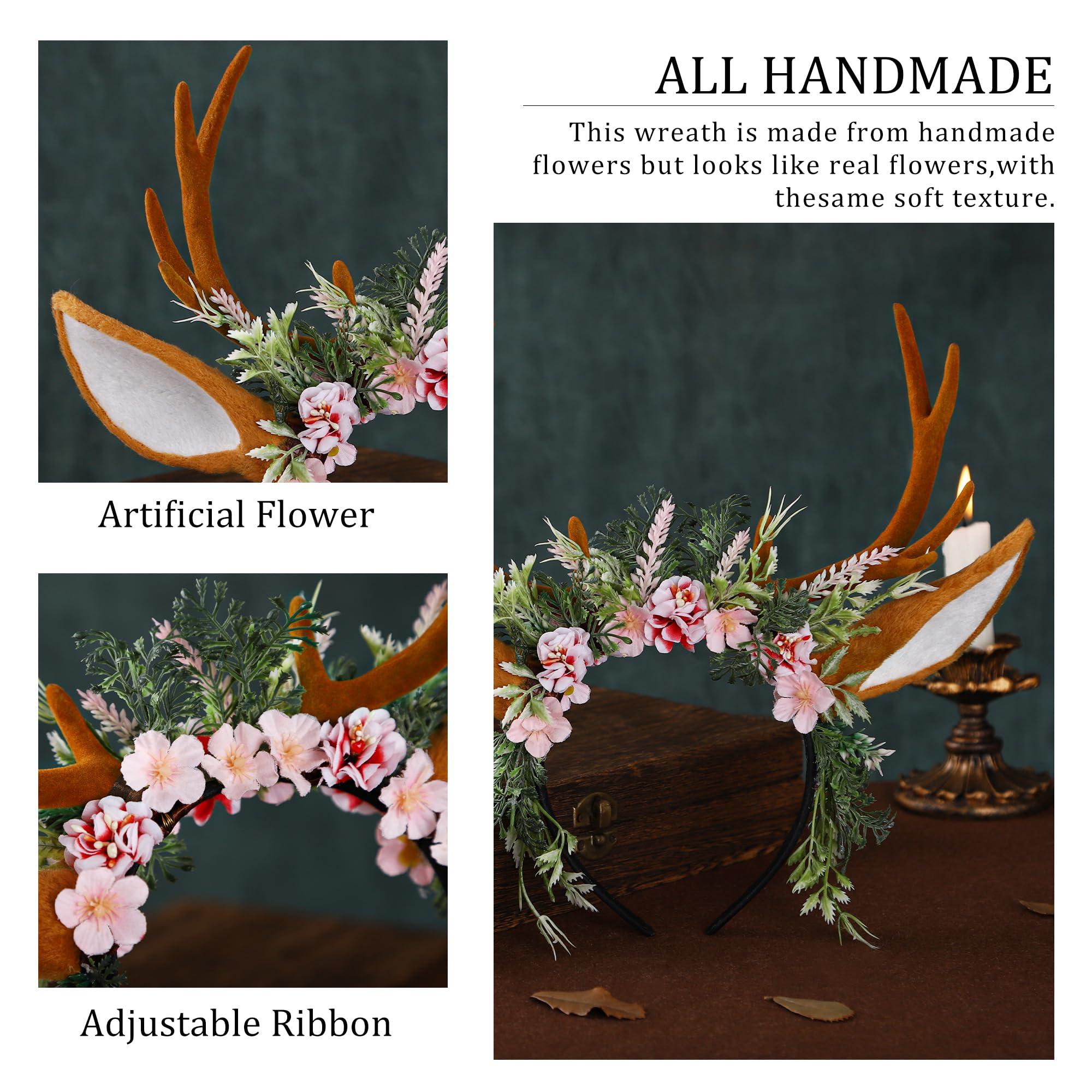 MOSTORY Handmade Antler Headband Brown - Adjustable Reindeer Horns Crown with Ears Fairy Flower Woodland Headpiece for Renaissance Christmas Cosplay Prom Fae Ball Costume Photo Prop - Image 7