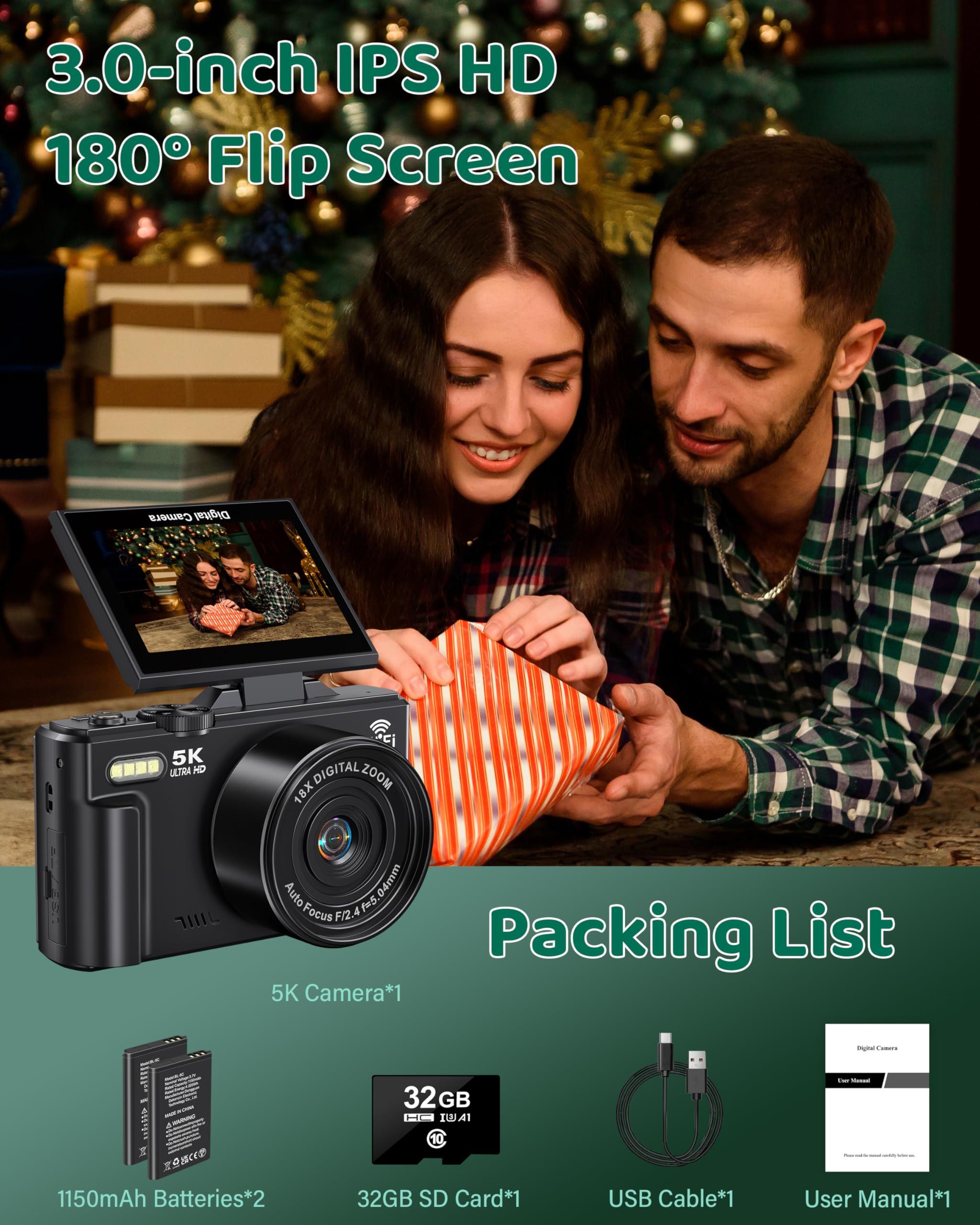 5K Digital Camera for Photography - WiFi 75MP Vlogging Cameras for YouTube - UHD Autofocus Video Camera 3" 180° Flip Screen with 18X Zoom - Compact Vlog Travel Camara with 32GB SD Card, 2 Batteries - Image 7