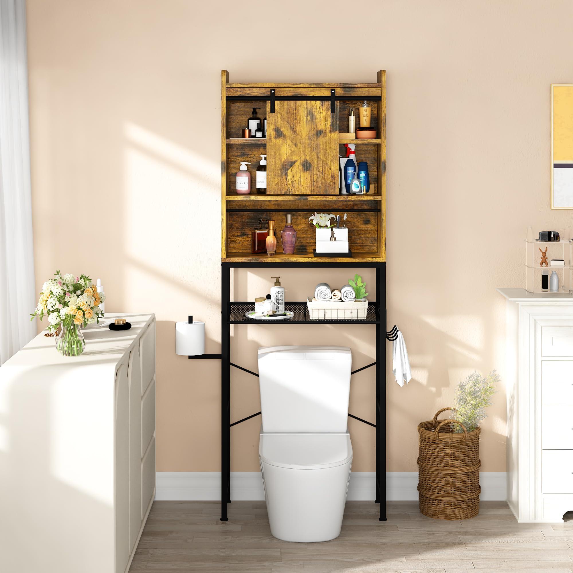 Lamerge Over The Toilet Storage Cabinet, Bathroom Organizer with Barn Door, Freestanding with Adjustable Shelf, Paper Hook, Space Saver, Retro Brown - Image 3