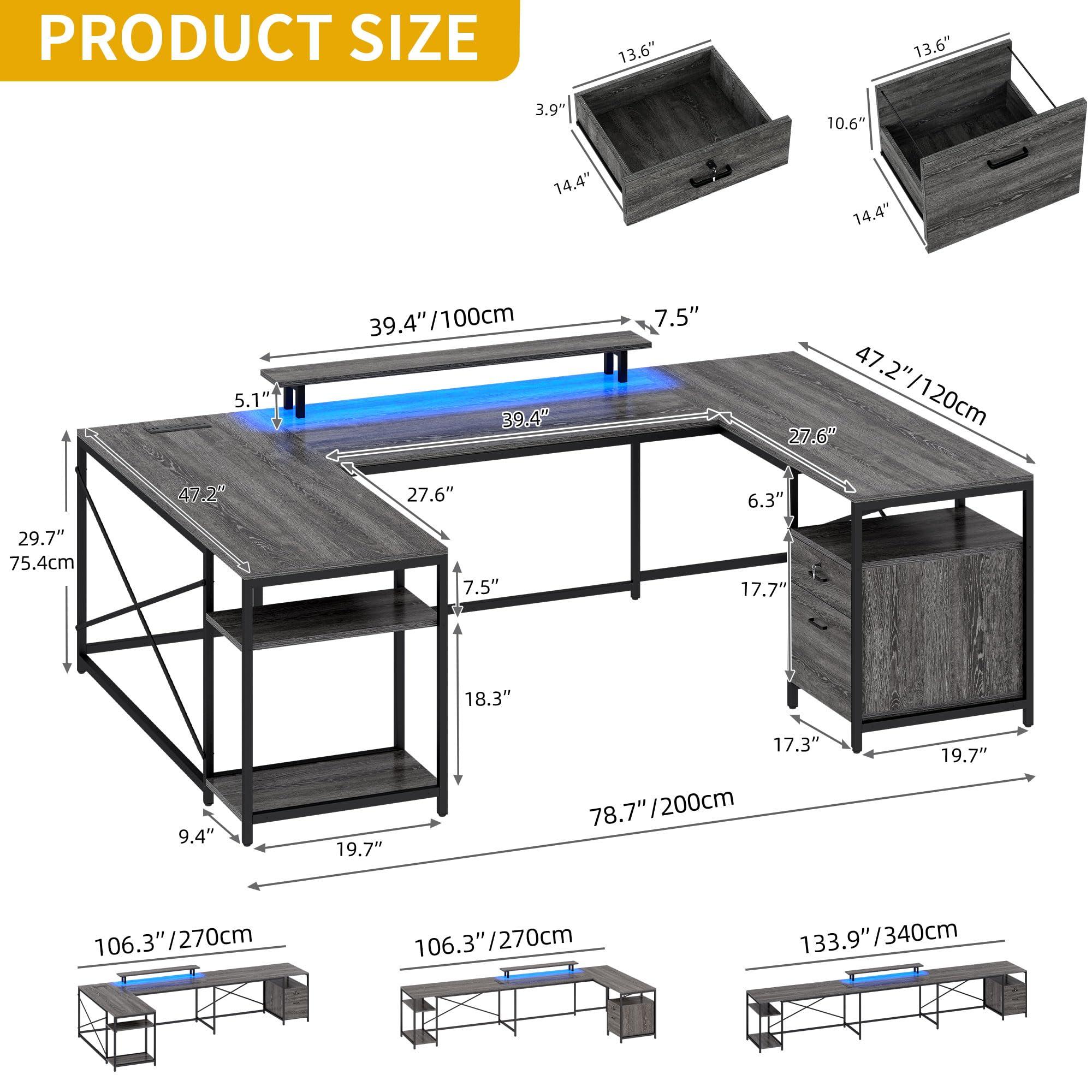DWVO U Shaped Desk with Drawers, 79" Reversible L Shaped Desk with Power Outlets & LED Lights, Corner Computer Desk with Monitor Stand & Storage Shelves, Grey - Image 2