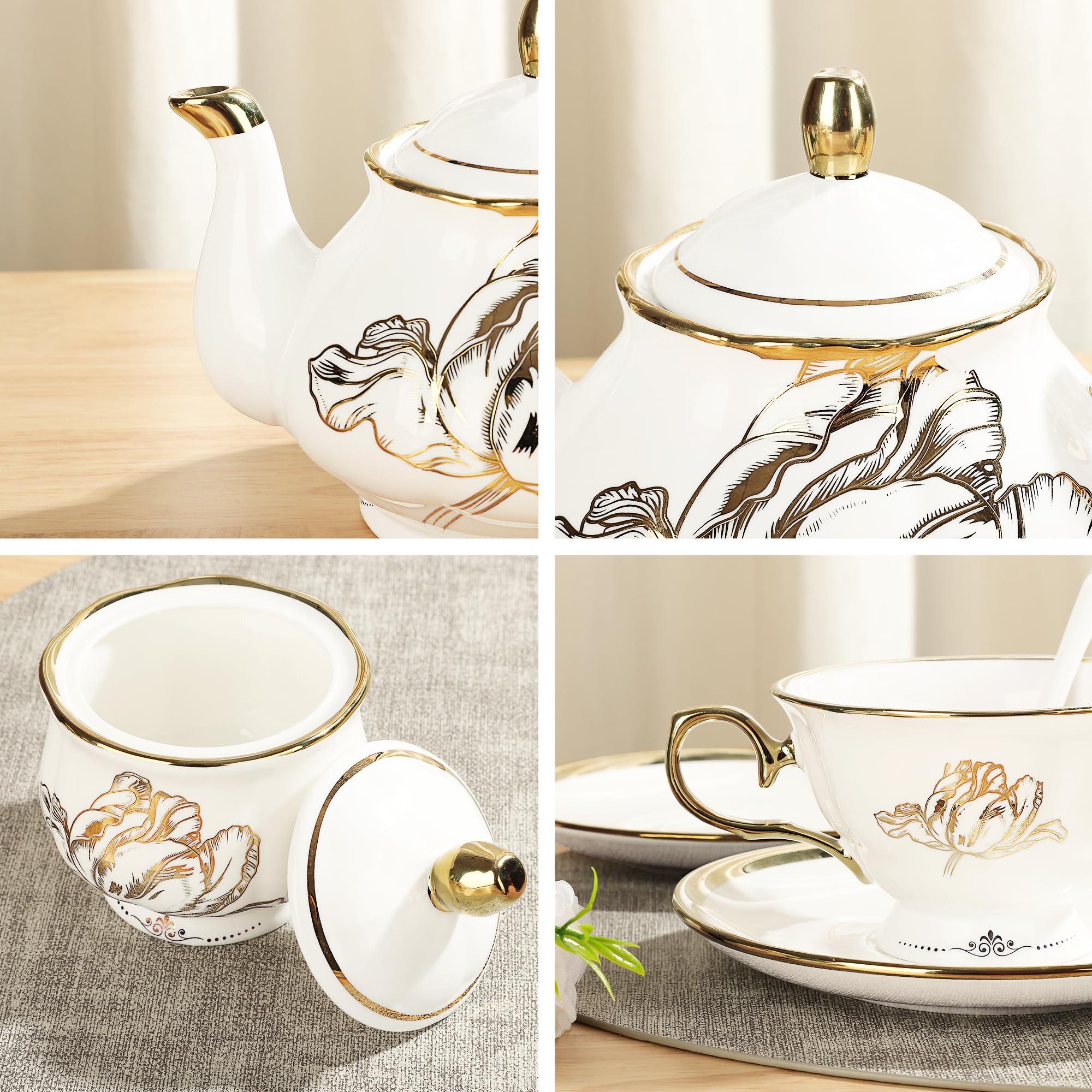 fanquare British Porcelain Tea Coffee Set 22 Piece New Bone China Gold Tulip Tea Service for Afternoon Tea, 6 TeaCup and Saucers with Metal Holder for Home Wedding Birthday - Image 4