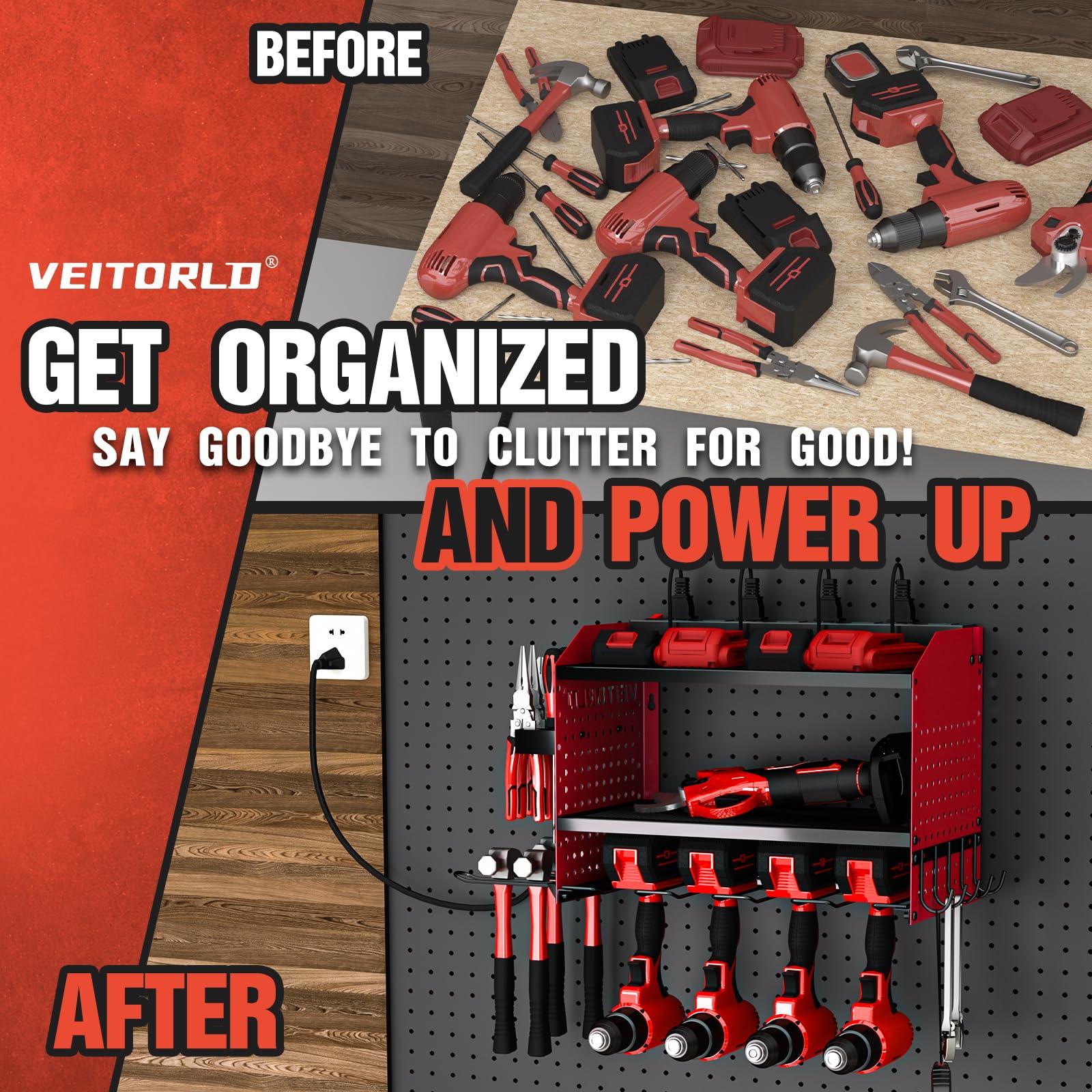 Veitorld Power Tool Organizer with Charging Station - 4 Drill Holders - Heavy Duty Modular Wall Mount Rack for Garage, Tool Storage Organizer - Gifts for Him Men Dad Husband Anniversary - Image 9