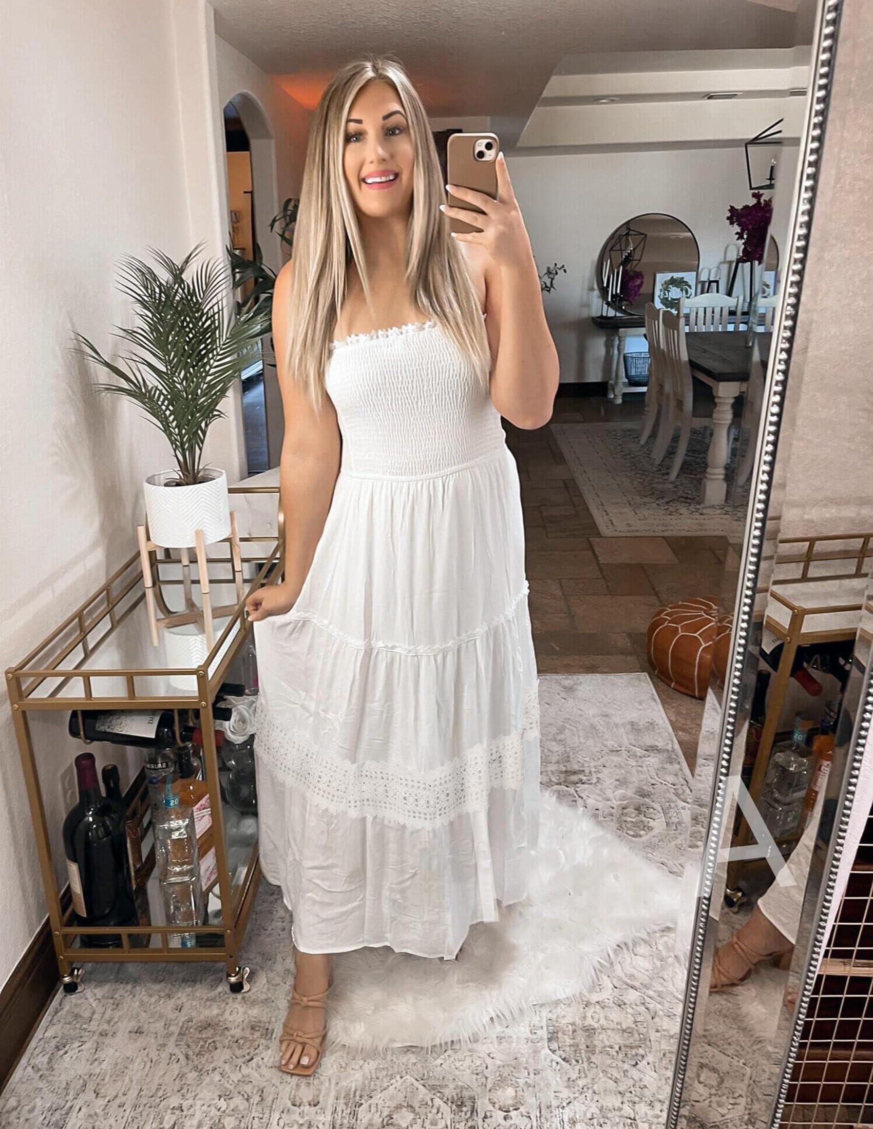 ZESICA Women's 2025 Summer Bohemian Strapless Off Shoulder Lace Trim Backless Flowy A Line Beach Long Maxi Dress - Image 8