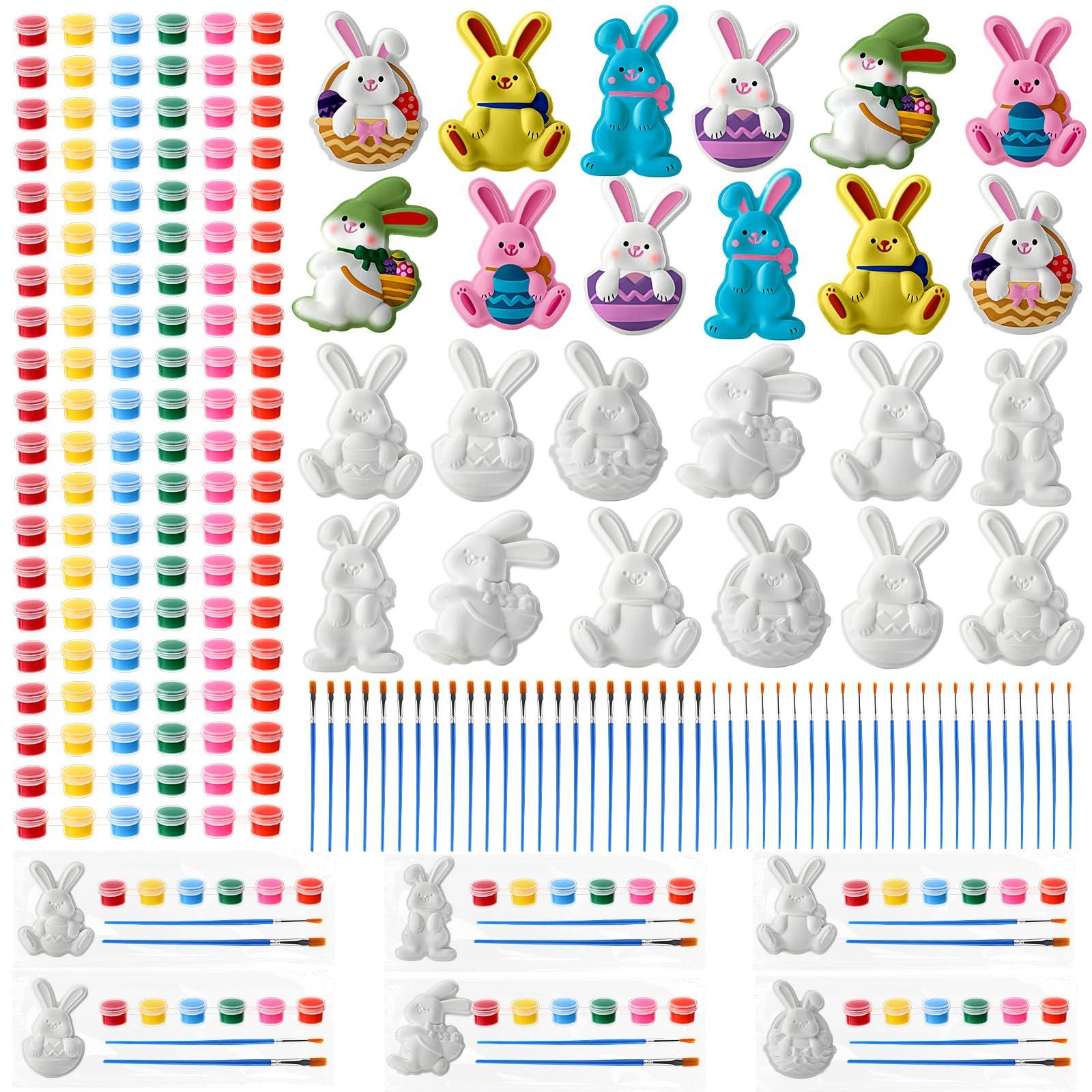 Foilswirl 24 Set Easter Bunny DIY Painting Kit Ceramic to Paint Your Own Bunny Statues Unpainted Plaster Figurines with Brushes Acrylic Bags Arts and Crafts Kits Party Favor for Adults
