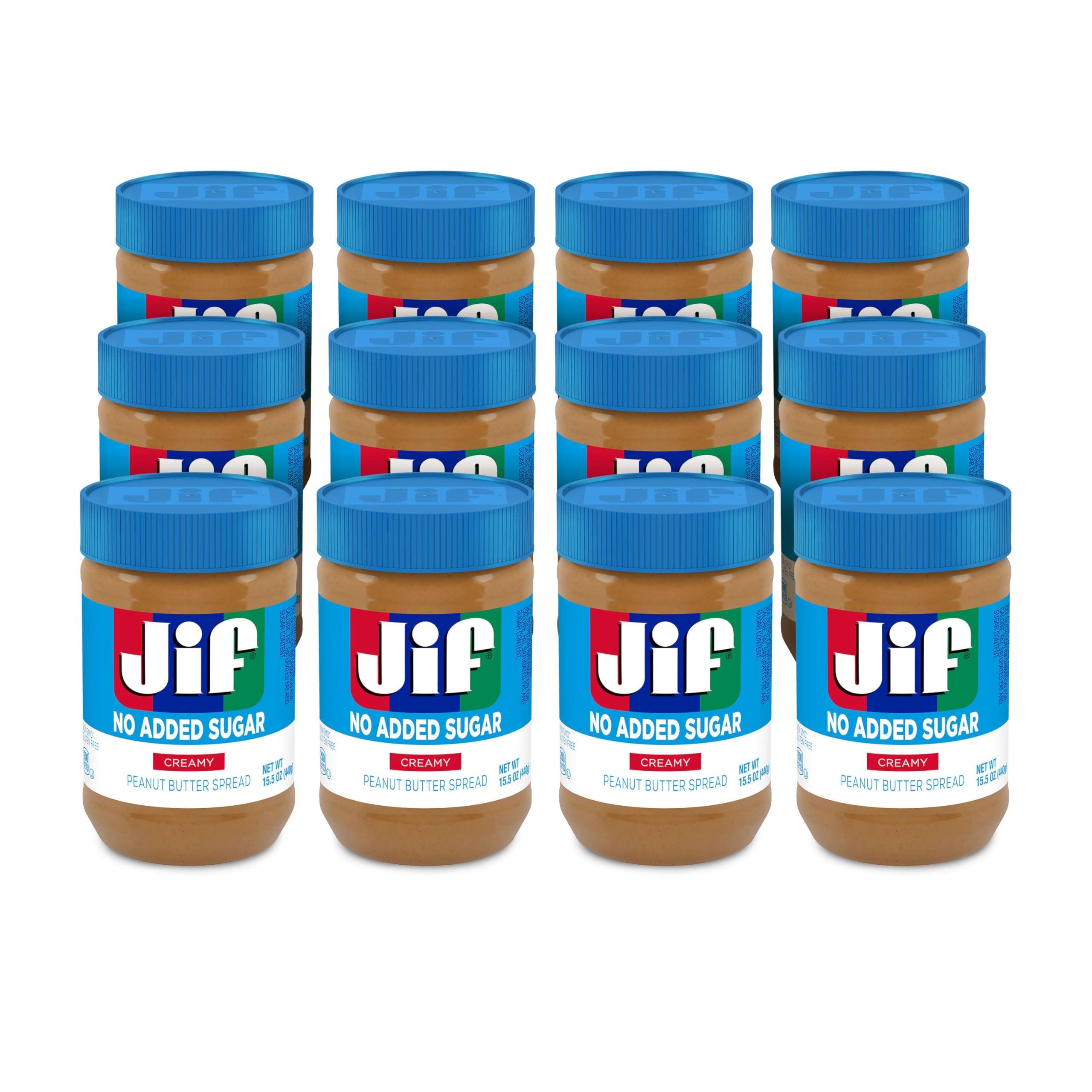 Jif No Added Sugar Creamy Peanut Butter Spread, 15.5 Ounces (Pack of 12), Smooth, Creamy Texture, No Stir Peanut Butter Spread