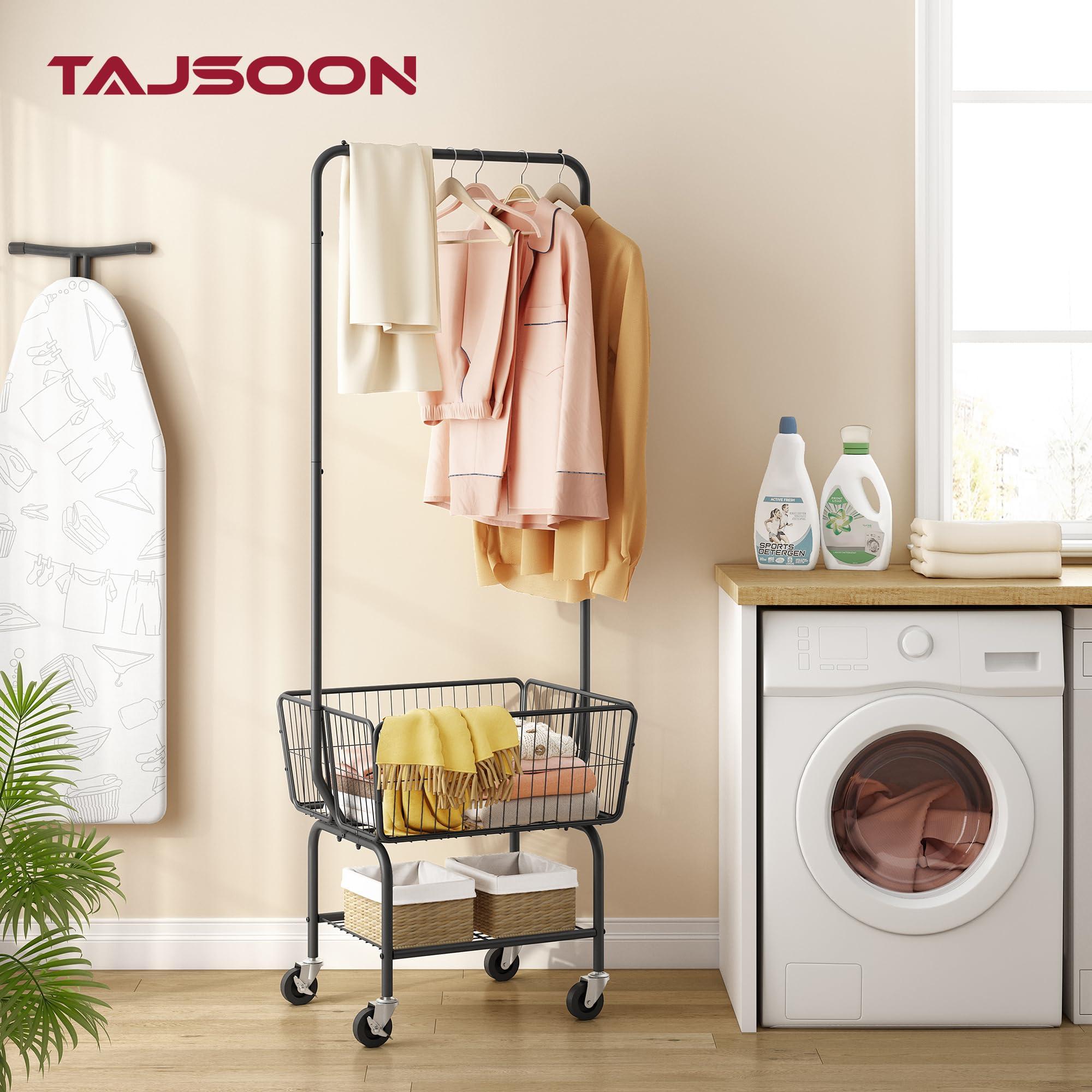 Tajsoon Laundry Cart with Hanging Rack, Metal Laundry Basket with Wheels, Laundry Hamper with Storage Basket and Shelf, Rolling Laundry Cart with Wheels, Black - Image 4