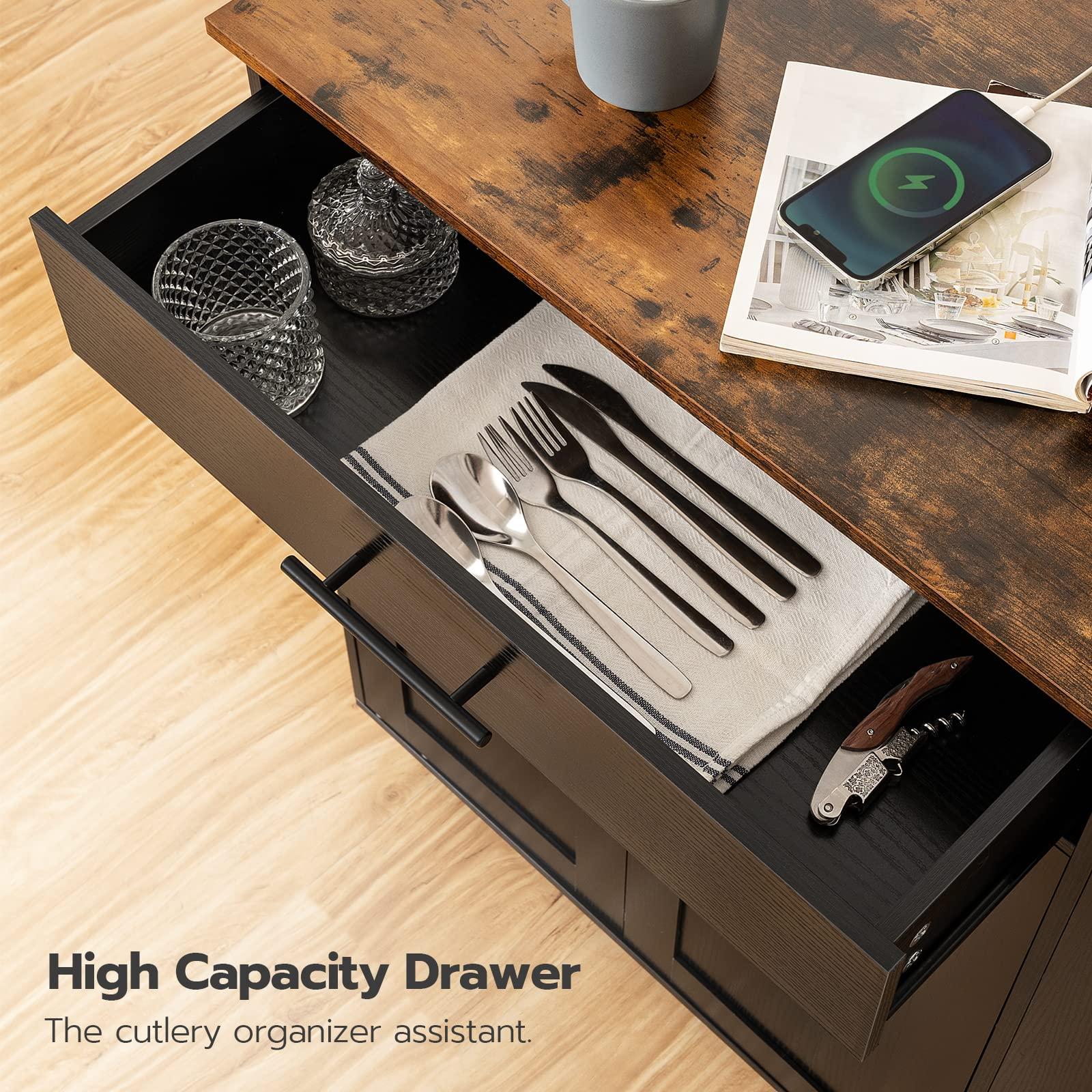 HOOBRO Kitchen Island with Power Outlet, Storage Island with Spice Rack and Drawer, Rolling Kitchen Cart on Wheels, for Home, Dining Room, Rustic Brown and Black - Image 9