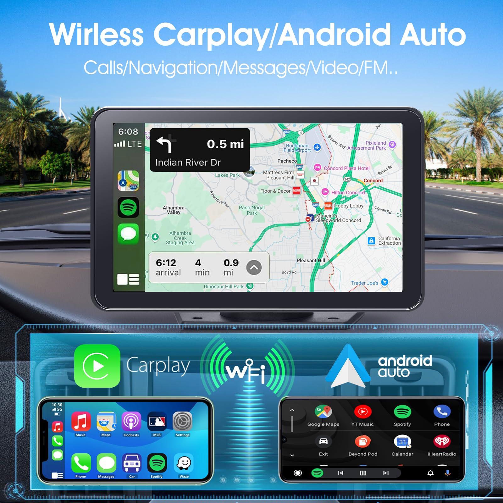 7" HD Wireless CarPlay Screen Touchscreen, for Car, Portable, with Apple CarPlay, Android Auto, Mirror Link, Bluetooth, Stereo, with Backup Camera, Navigation, for All Vehicle - Image 2