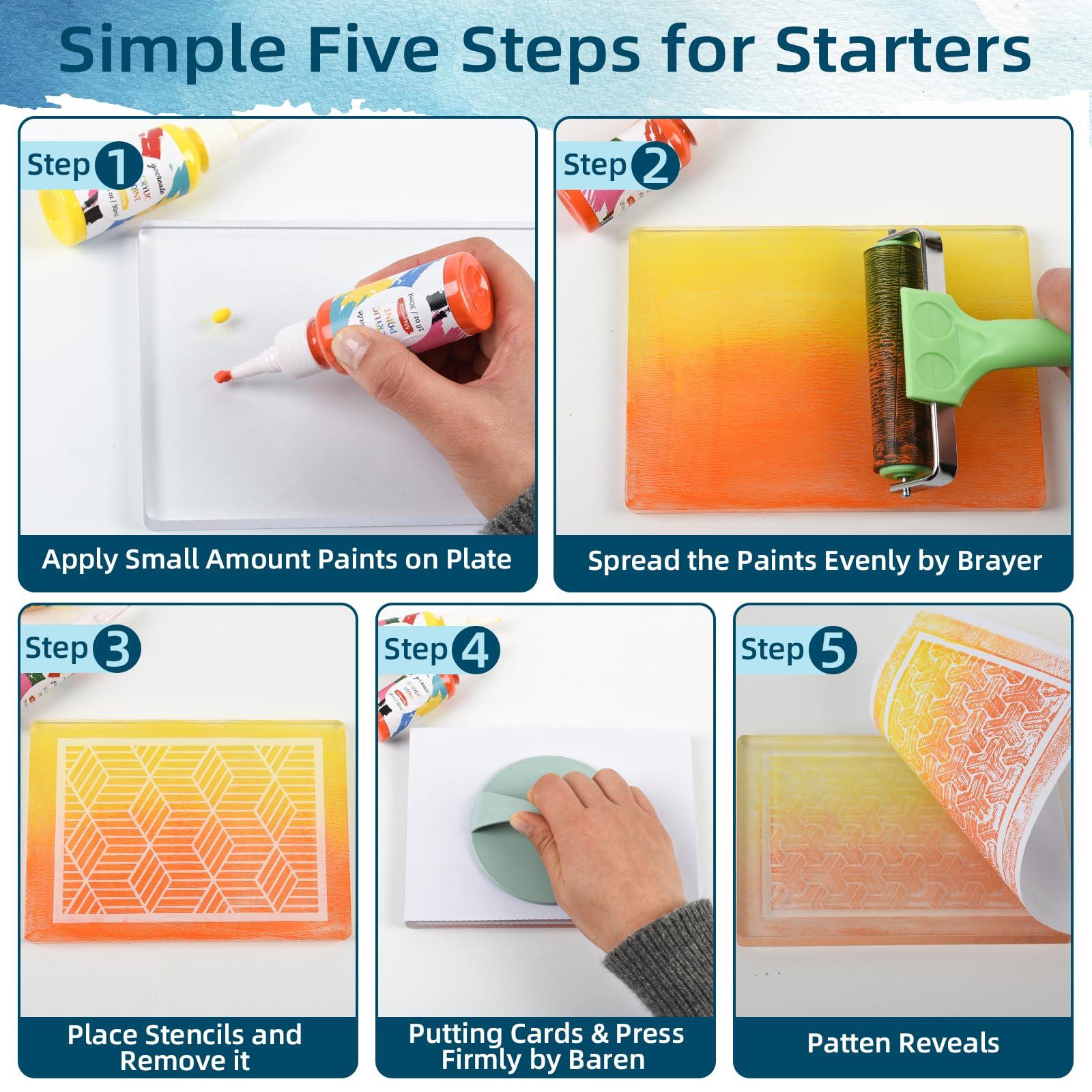 Gel Printing Plate Kits with Paints, Brayer, Baren, Stencils, Washi Stickers, Mixing Cups, Sticks , Blank Cards And Envelopes Storage Case 5X7 Gel Plate for Printmaking Supplies for Art And Crafts - Image 4