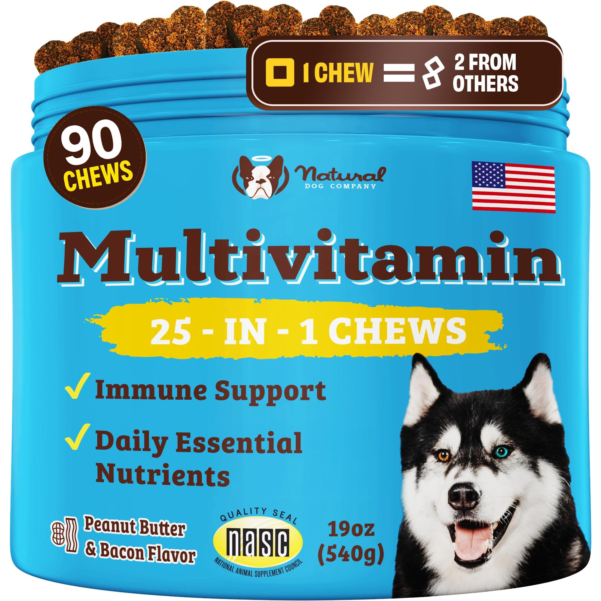 Natural Dog Company Multivitamin Chews (90 Pieces), Dog Vitamins and Supplements, Peanut Butter & Bacon Flavor, for Dogs of All Ages, Sizes, & Breeds, Supports Immune System, Antioxidant